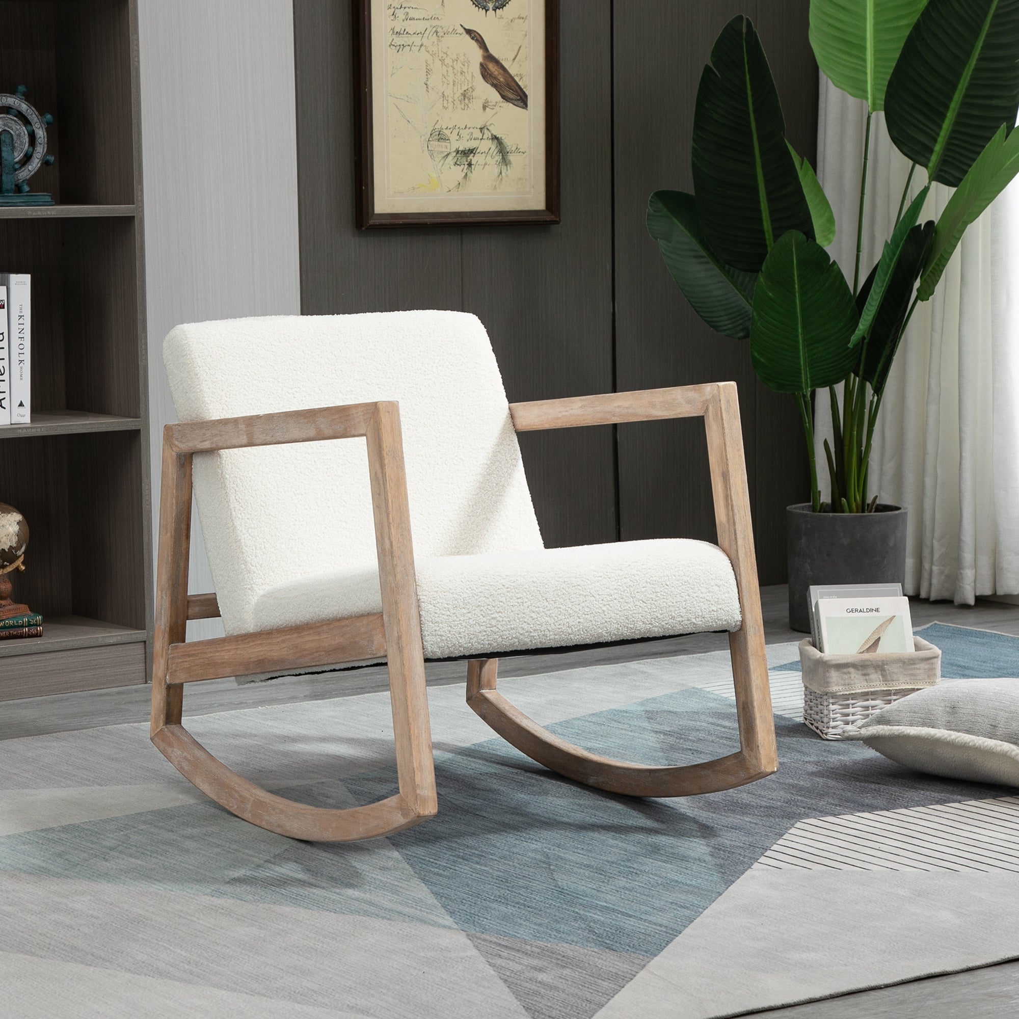 Rocking Chair with Wooden Frame Upholstered Relax Chair Armchair Lounge with Padded Seat Rubberwood Cream 60 x 81 x 71 cm
