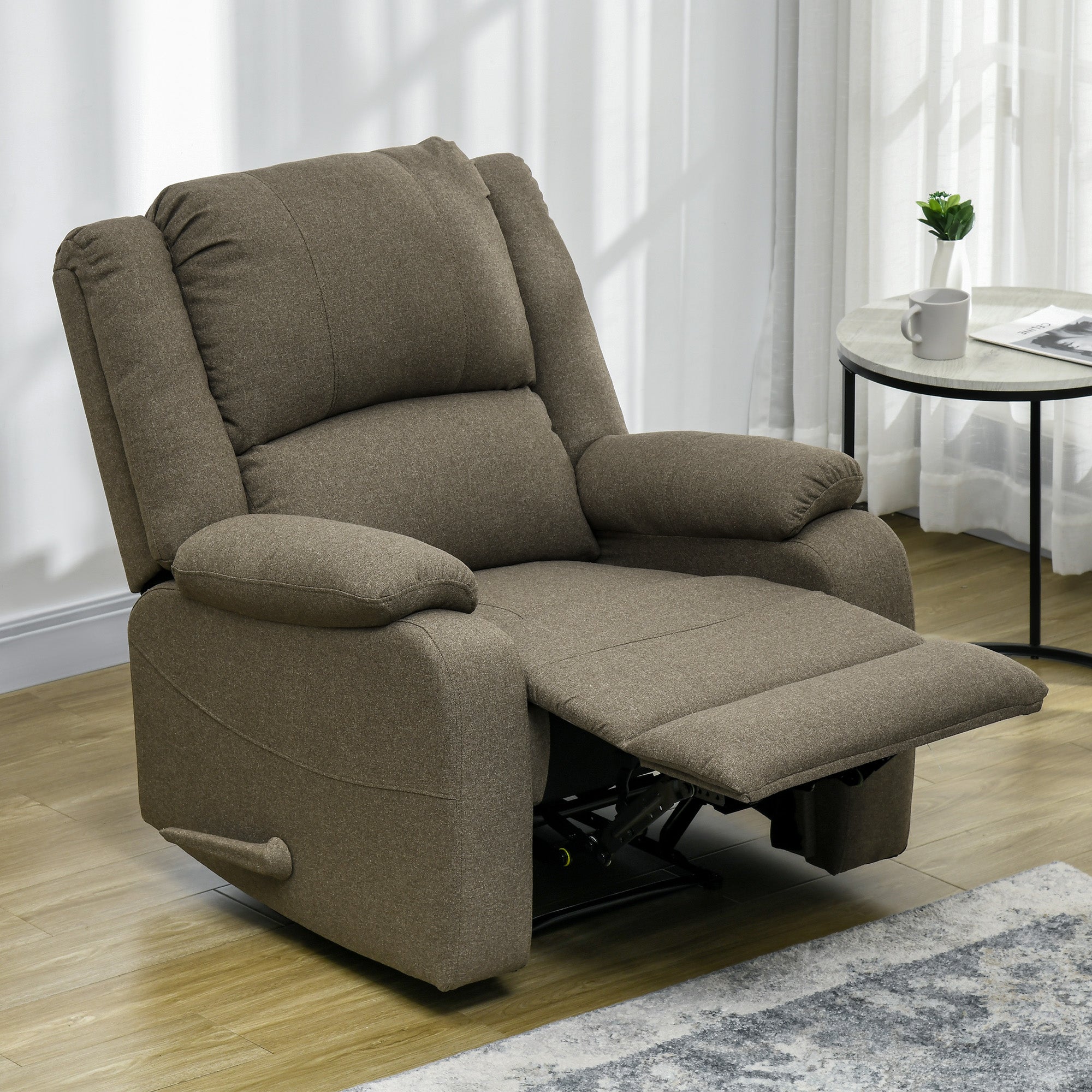 Manual Recliner Armchair with Lie Function, Linen Look, TV Chair with Side Handle, Footrest, Up to 150 kg Load Capacity, for Living Room, Brown