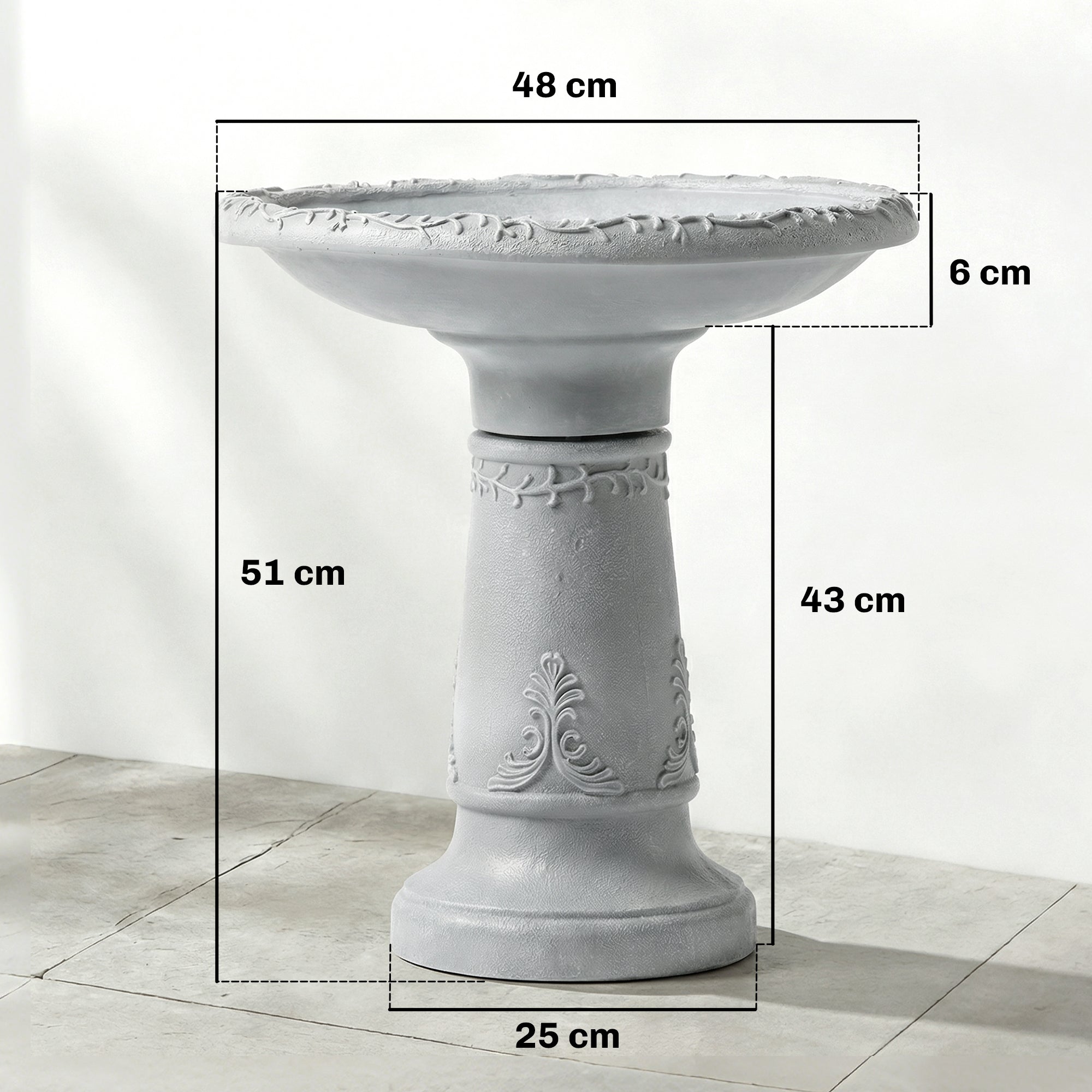 Resin Stone-Look Bird Bath, 20 in (51 cm) — Freestanding Garden Feeder & Bath, Gray