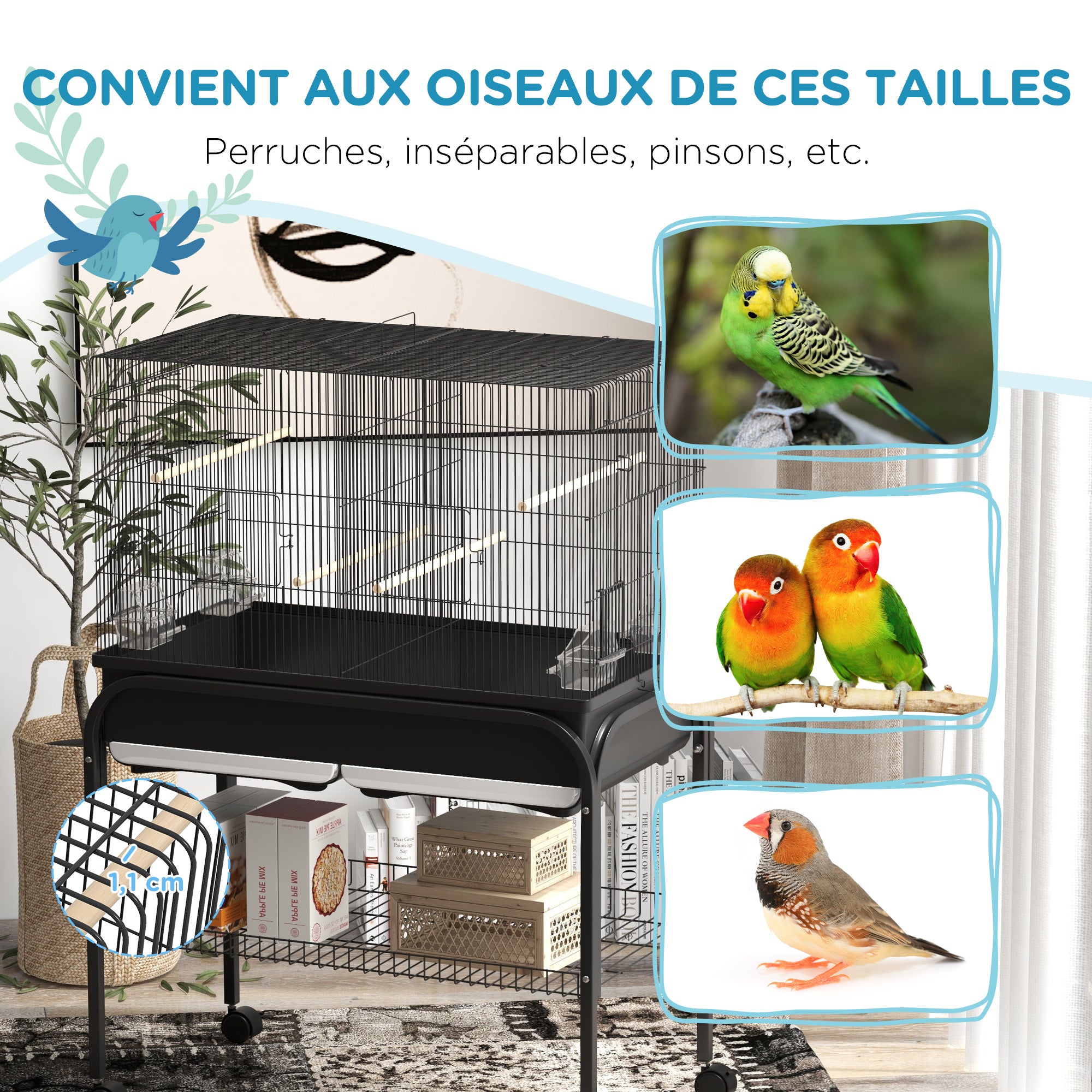 Large Bird Cage, Parrot Cage, Indoor Outdoor Bird Aviary, with Stand, Wheels for Cockatoos Parakeets Canaries Parrots, Steel, 85 x 49 x 119 cm, Black