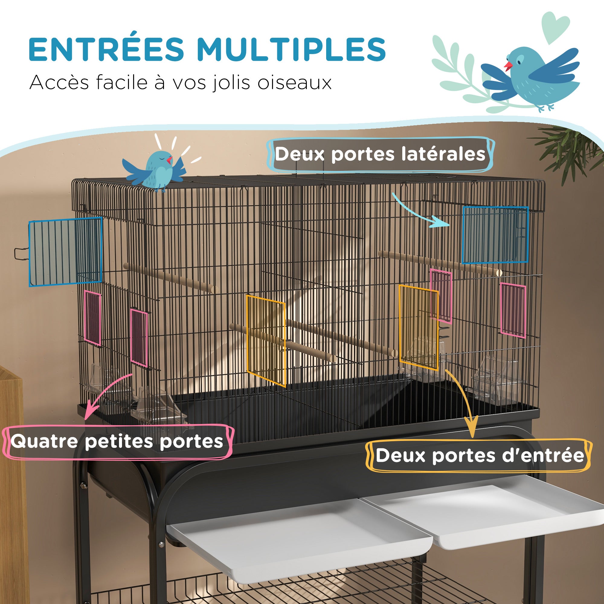 Large Bird Cage, Parrot Cage, Indoor Outdoor Bird Aviary, with Stand, Wheels for Cockatoos Parakeets Canaries Parrots, Steel, 85 x 49 x 119 cm, Black