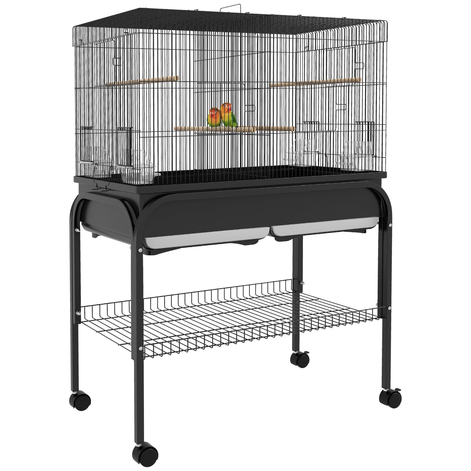 Large Bird Cage, Parrot Cage, Indoor Outdoor Bird Aviary, with Stand, Wheels for Cockatoos Parakeets Canaries Parrots, Steel, 85 x 49 x 119 cm, Black
