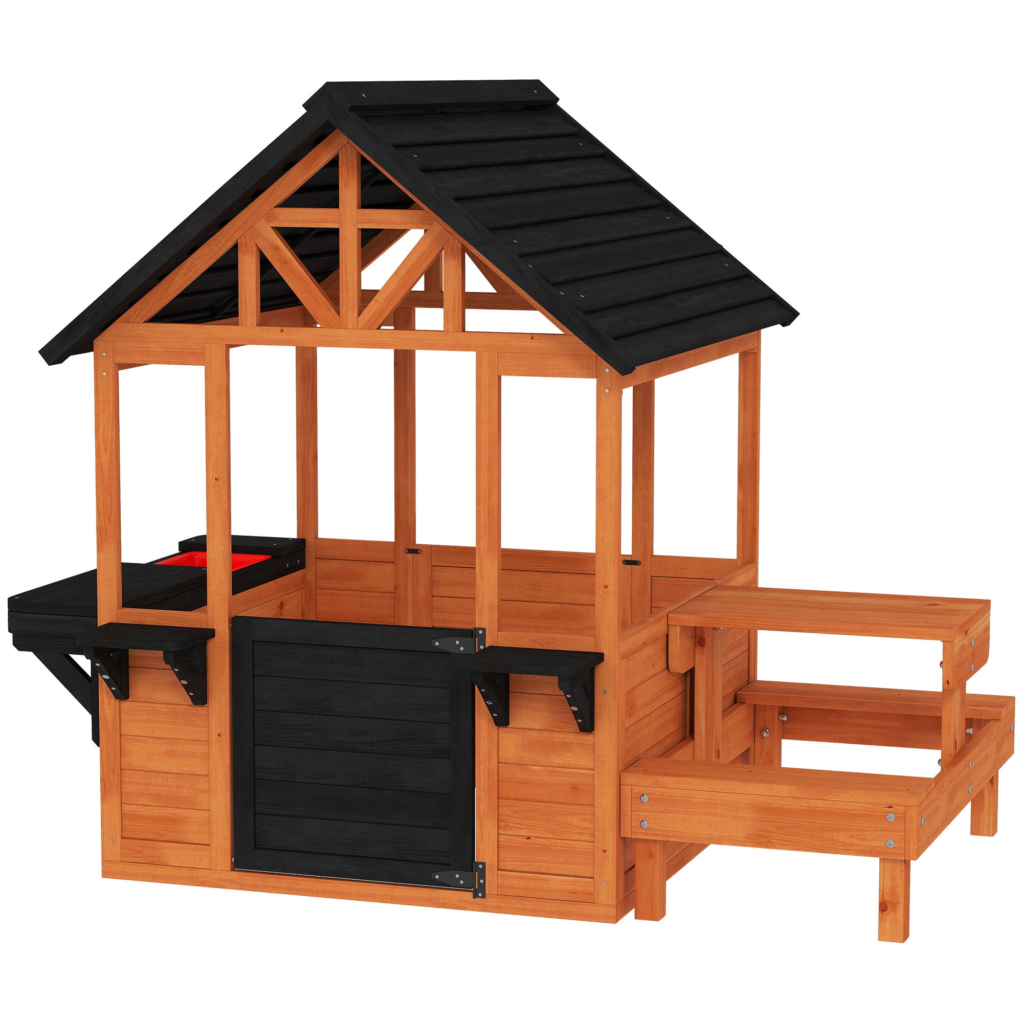 Wooden Outdoor Playhouse for Kids — Table, Benches, Sink, Door, Window & Flower Boxes, Brown, 166.3 x 112.5 x 139.7 cm (65.5 x 44.3 x 55.0 in)