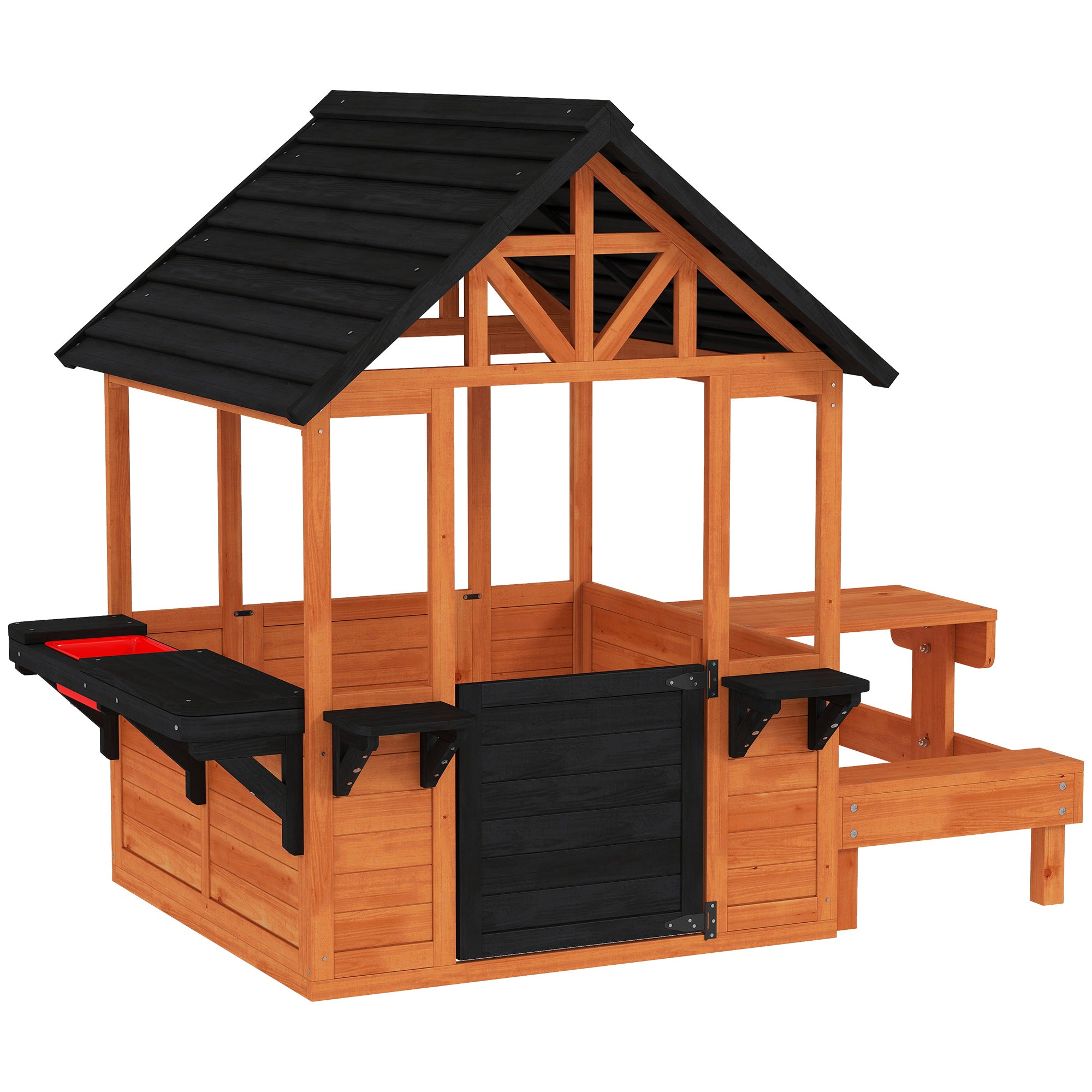Wooden Outdoor Playhouse for Kids — Table, Benches, Sink, Door, Window & Flower Boxes, Brown, 166.3 x 112.5 x 139.7 cm (65.5 x 44.3 x 55.0 in)