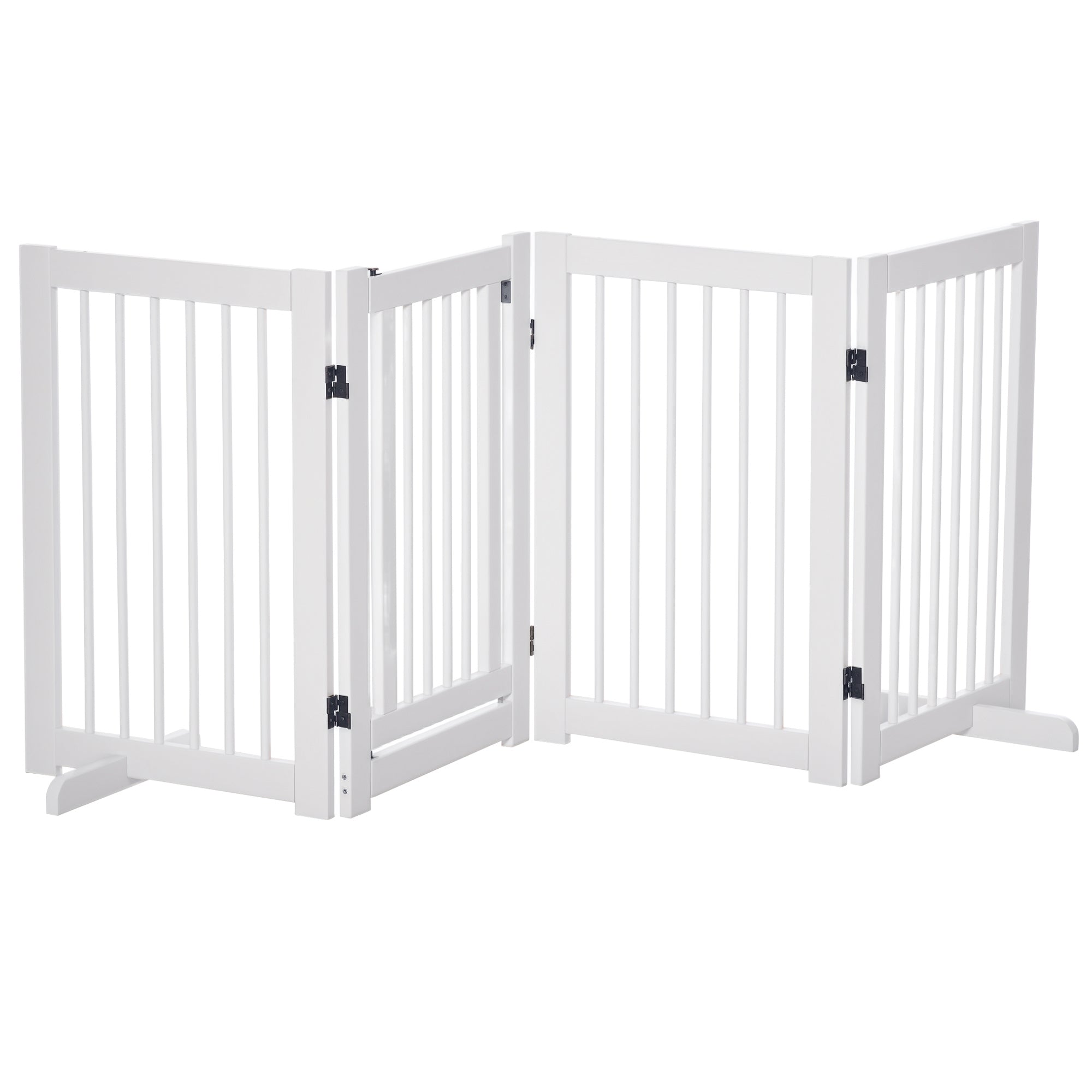 Free-Standing Dog Barrier with Feet 204 x 75 cm White Wood Dog Gate Stair Gate Door Guard Gate for Stairs, Doors, Kitchen, Hallway, 4 Panels