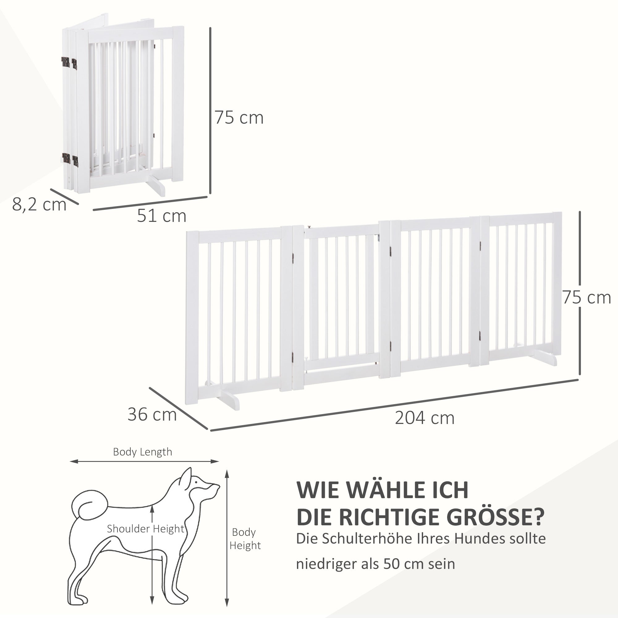 Free-Standing Dog Barrier with Feet 204 x 75 cm White Wood Dog Gate Stair Gate Door Guard Gate for Stairs, Doors, Kitchen, Hallway, 4 Panels
