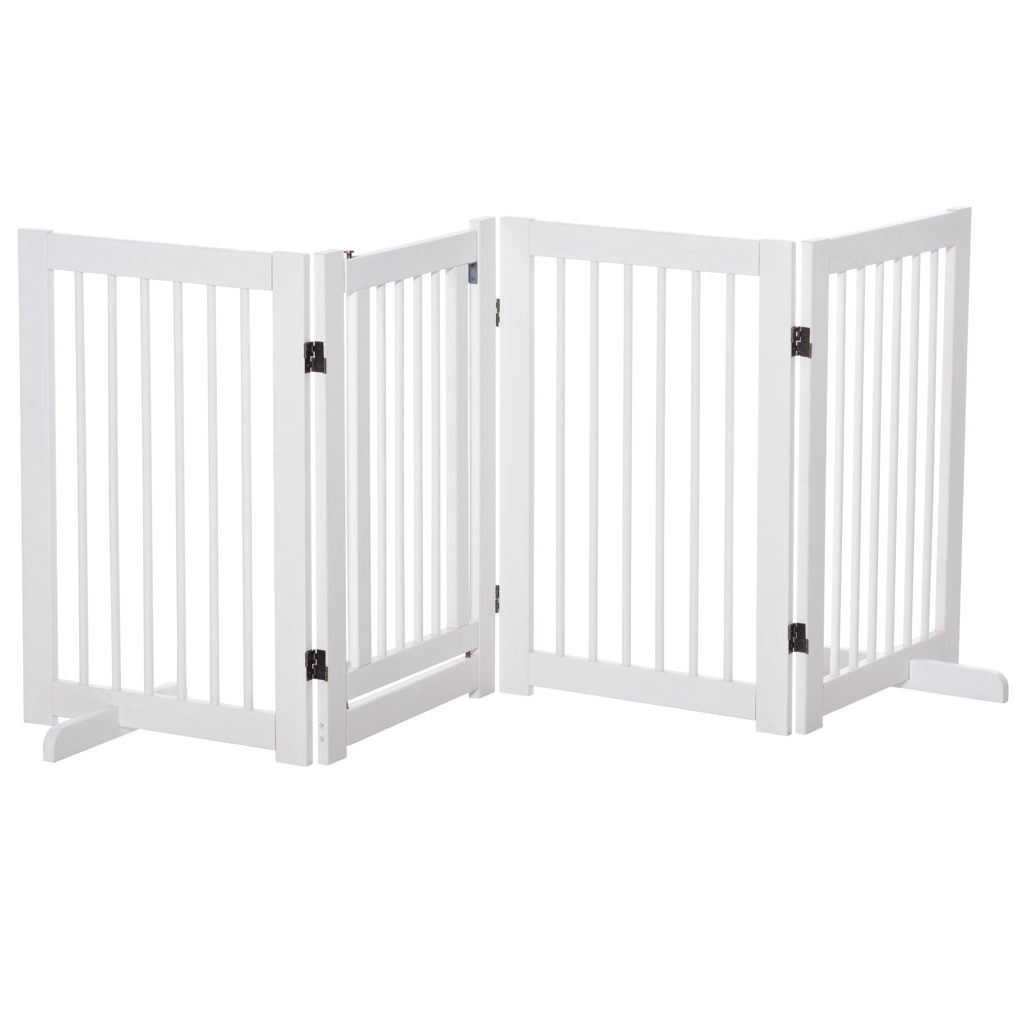 Free-Standing Dog Barrier with Feet 204 x 75 cm White Wood Dog Gate Stair Gate Door Guard Gate for Stairs, Doors, Kitchen, Hallway, 4 Panels