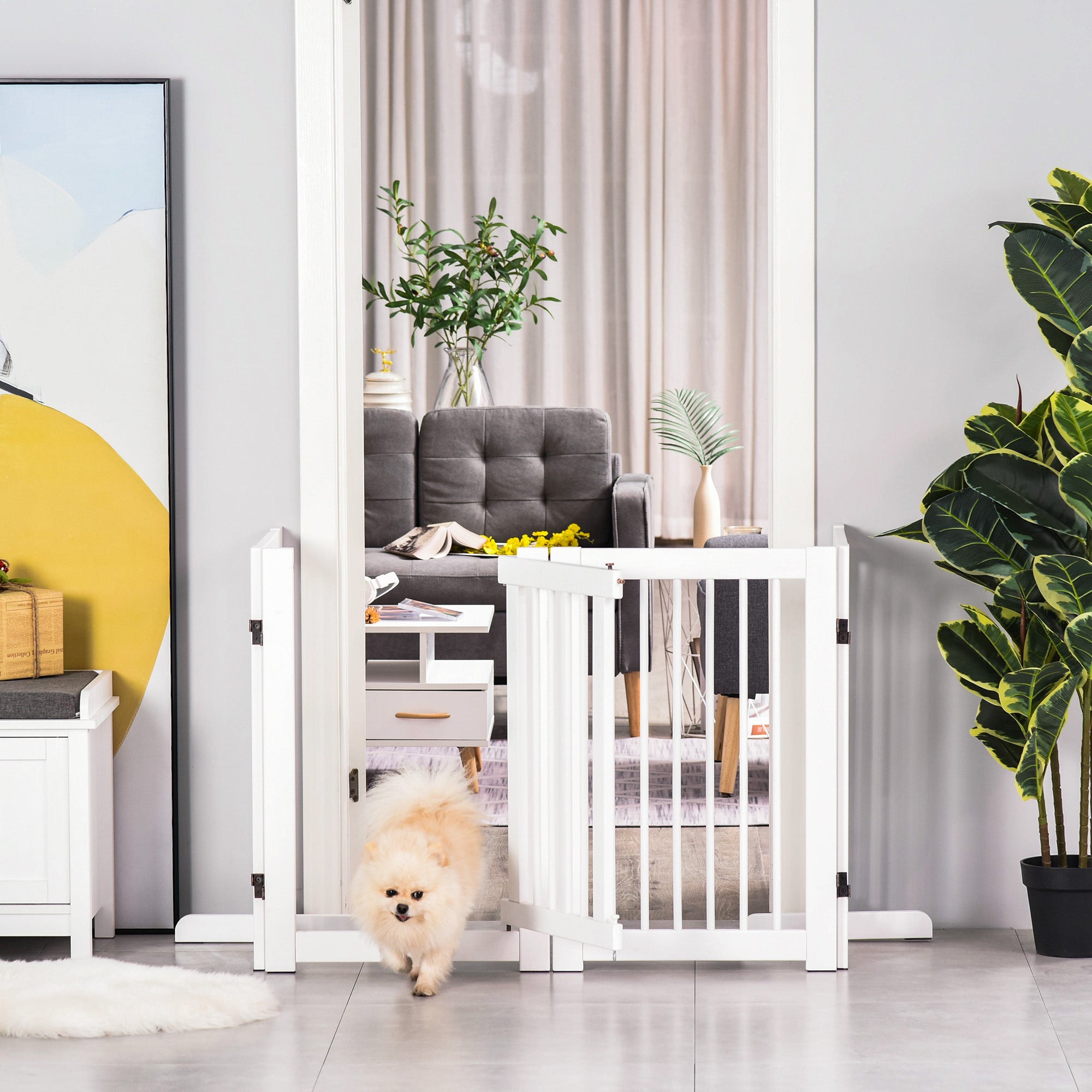 Free-Standing Dog Barrier with Feet 204 x 75 cm White Wood Dog Gate Stair Gate Door Guard Gate for Stairs, Doors, Kitchen, Hallway, 4 Panels