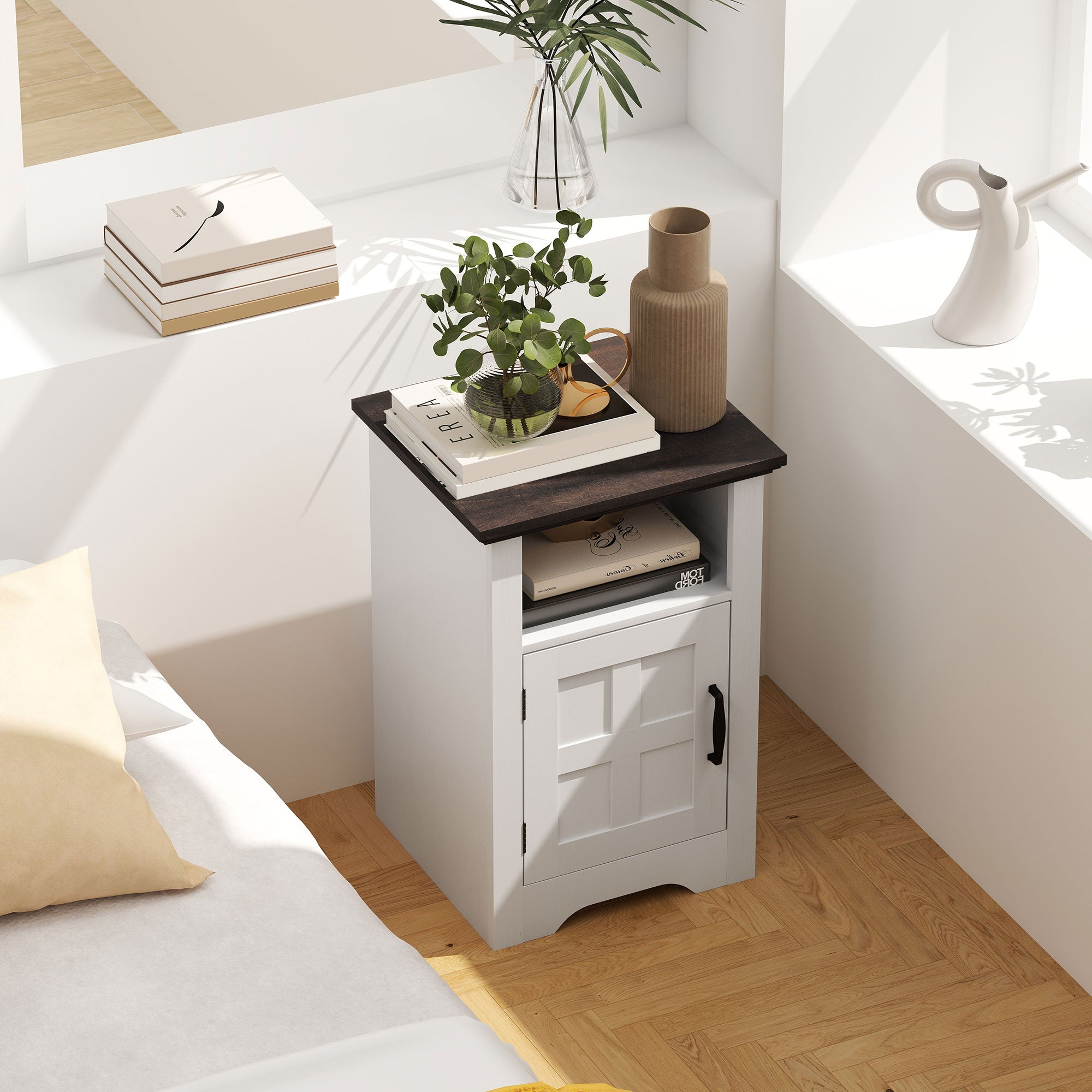 Set of 2 Side Tables for Living Room Nightstands with Barn-Style Door and Open Shelf Small Rustic Coffee Tables for Bedroom White