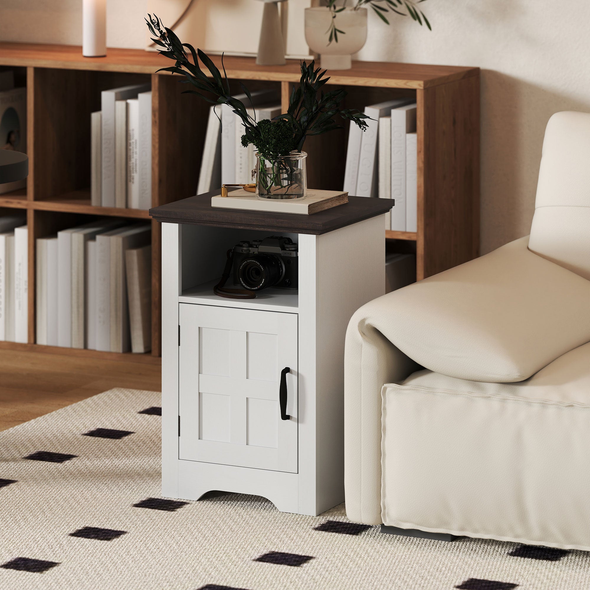 Set of 2 Side Tables for Living Room Nightstands with Barn-Style Door and Open Shelf Small Rustic Coffee Tables for Bedroom White