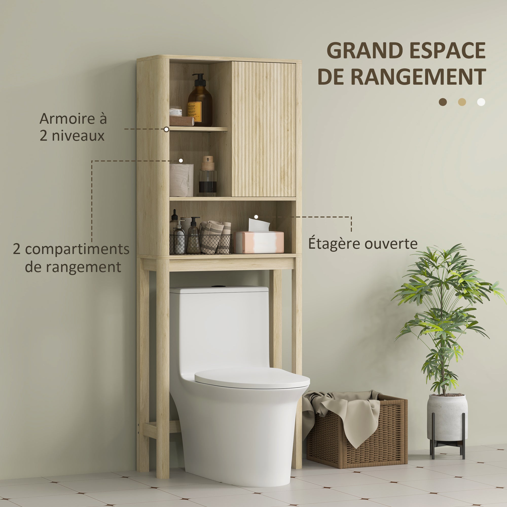 Over the Toilet Storage Cabinet Bathroom Storage Cabinet with Sliding Door, Compartments, and Adjustable Shelf, 65 x 25 x 170 cm, Natural Wood