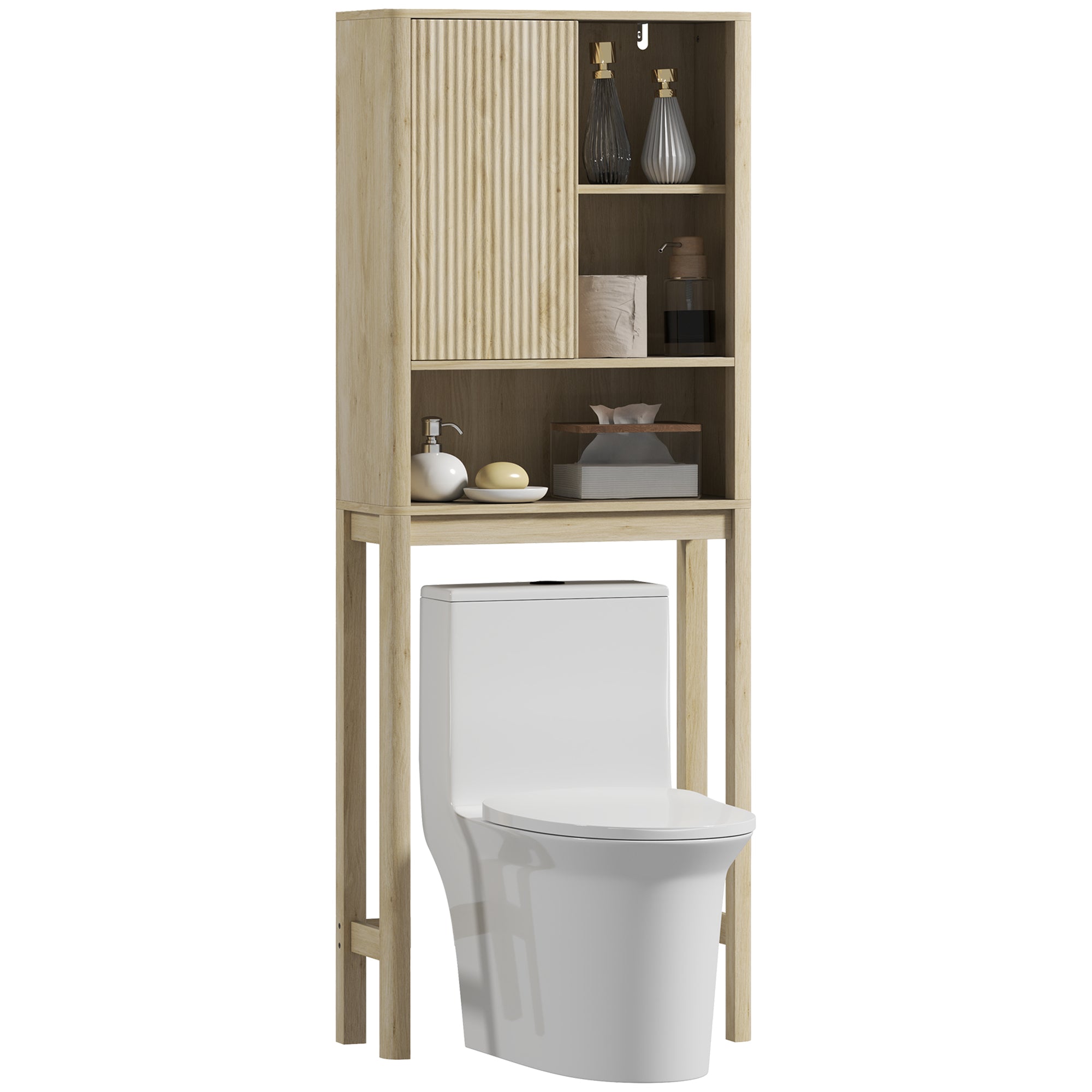 Over the Toilet Storage Cabinet Bathroom Storage Cabinet with Sliding Door, Compartments, and Adjustable Shelf, 65 x 25 x 170 cm, Natural Wood