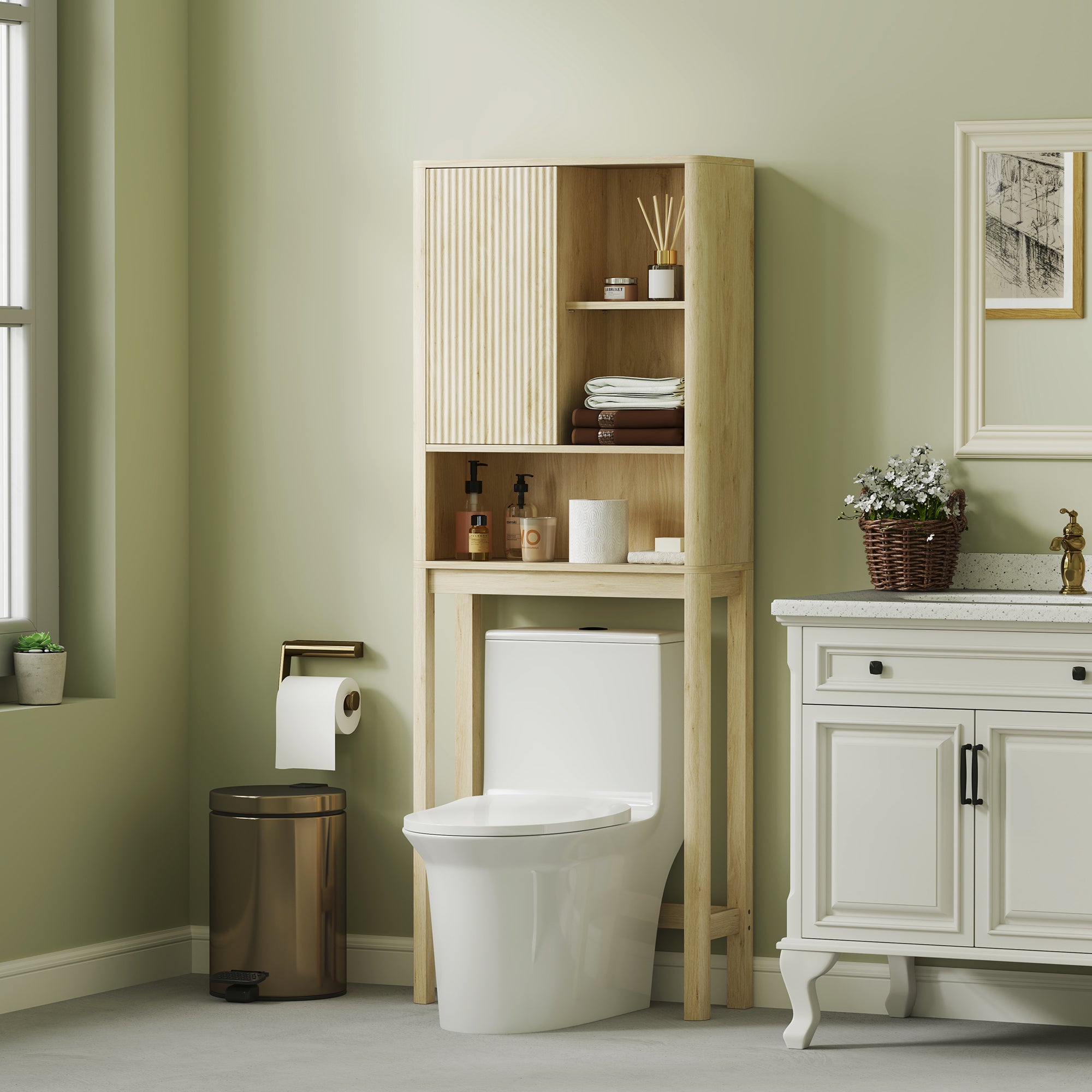 Over the Toilet Storage Cabinet Bathroom Storage Cabinet with Sliding Door, Compartments, and Adjustable Shelf, 65 x 25 x 170 cm, Natural Wood