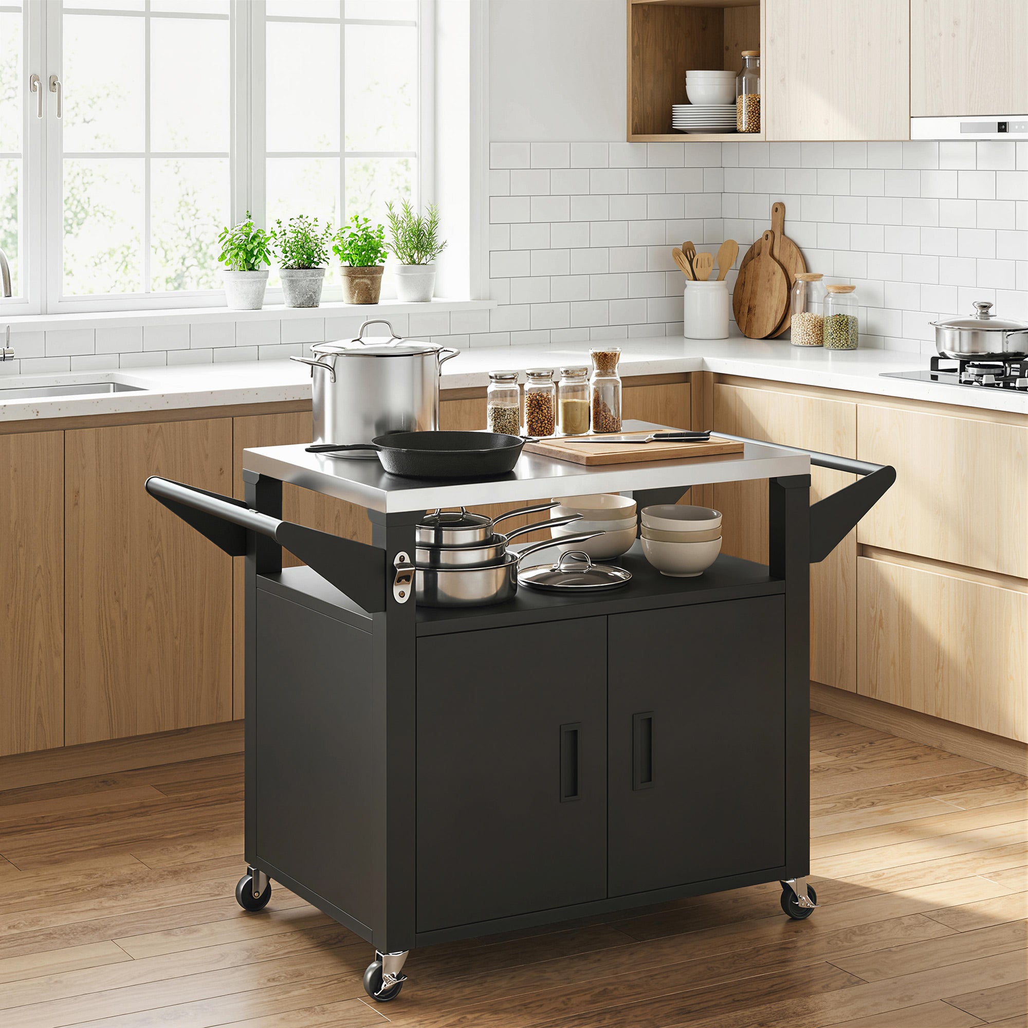 Kitchen Cart with Wheels, Serving Trolley with Cabinet, Handles, Kitchen Helper — BBQ Grill Table with Stainless Steel Top, 46.1 x 21.7 x 30.7 in, Black