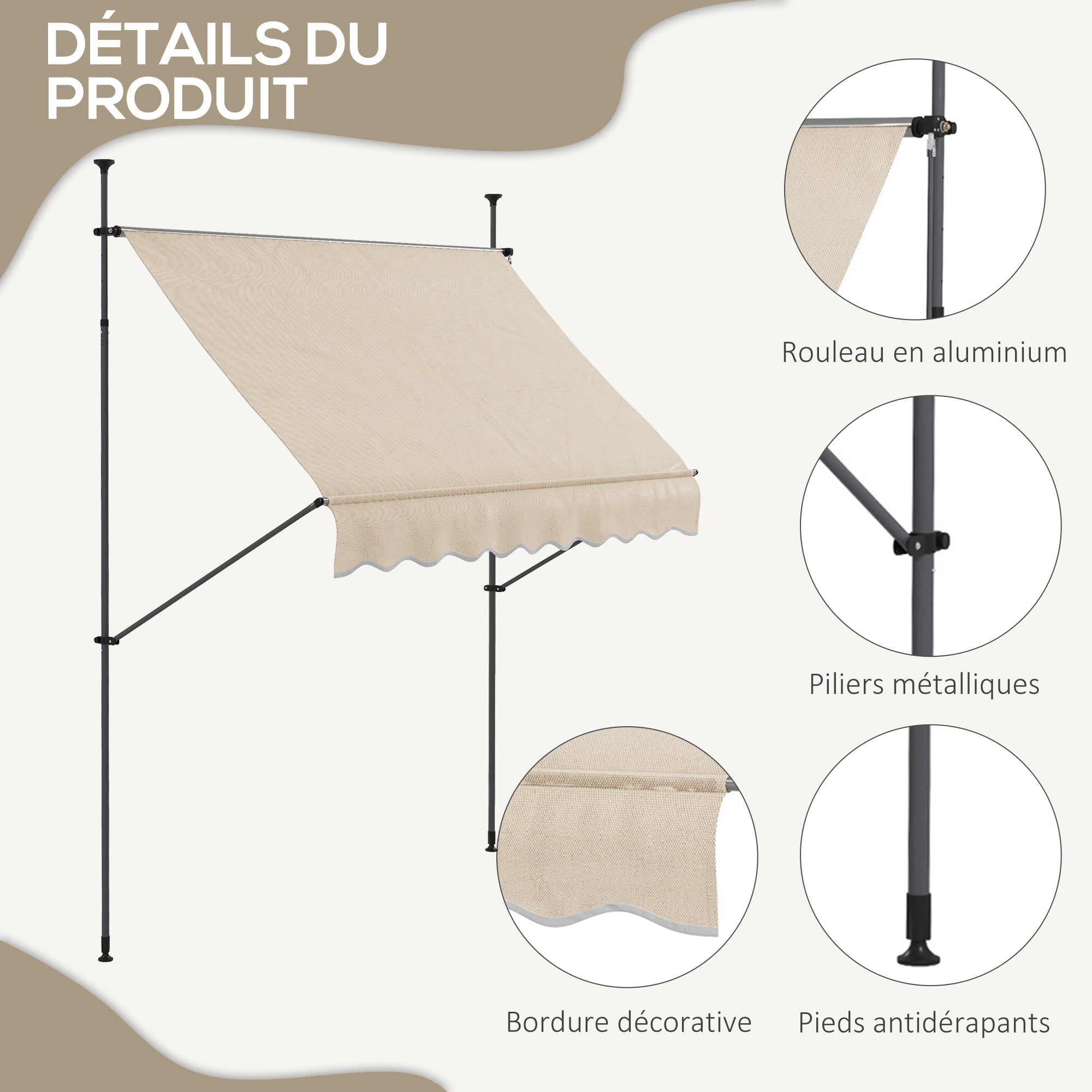 Freestanding Manual Retractable Awning 2.5L x 1.2W x 2.1-3H m Adjustable Tilt for Balcony without Drilling Holes Aluminum Metal Polyester Sand