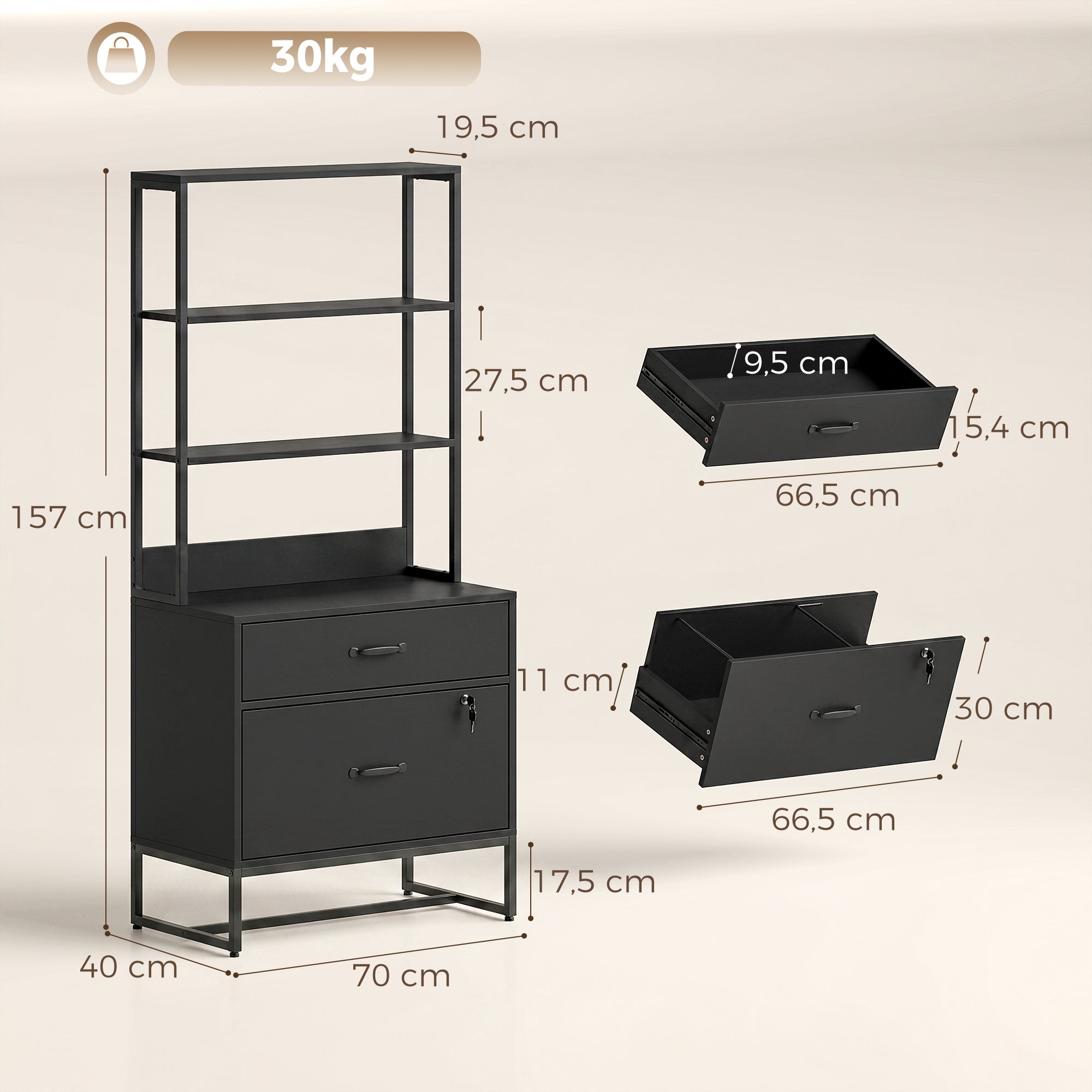 Filing Cabinet Office Storage with Bookshelf for A4, Letter & Legal Files, 2 Drawers, Printer Stand, Black