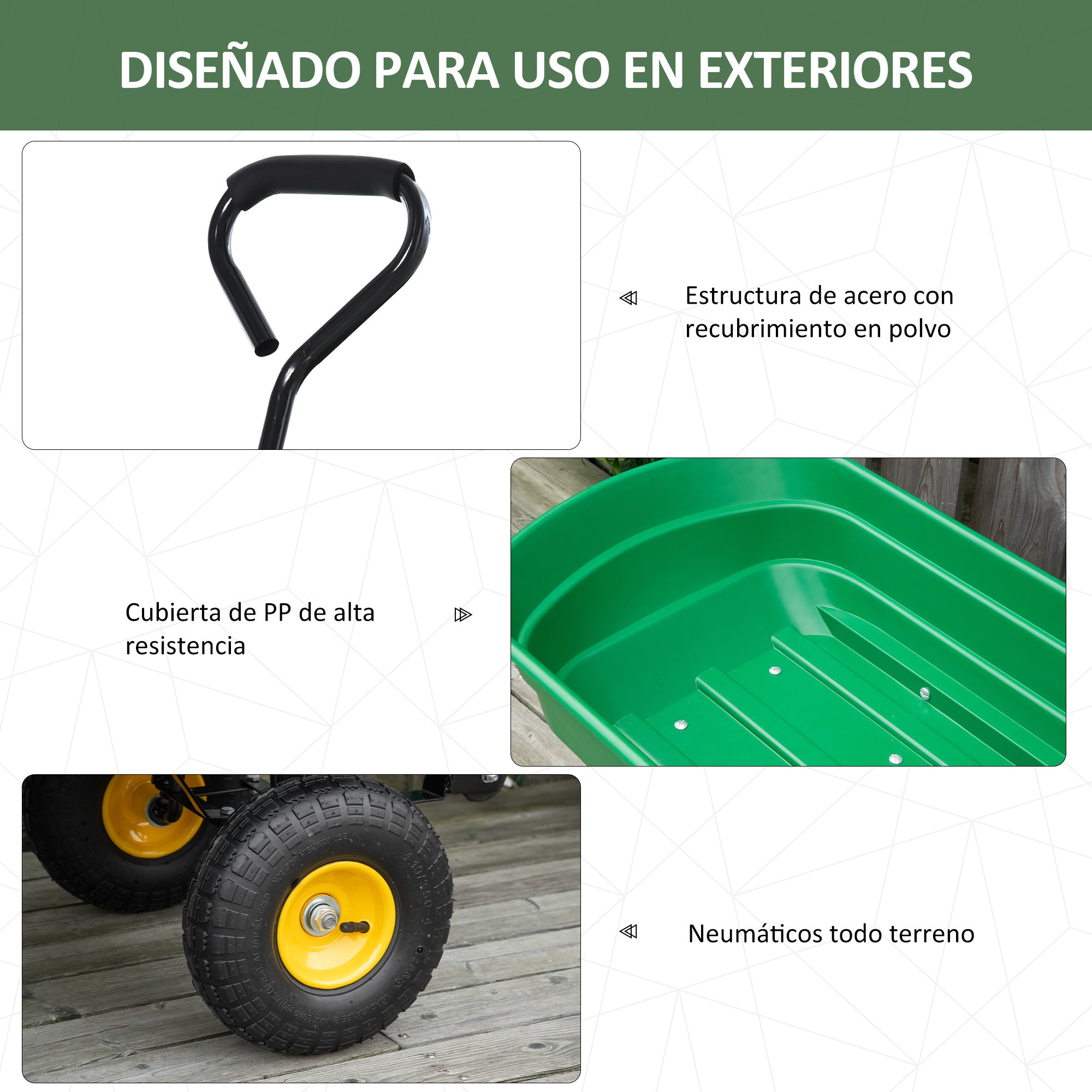 Garden Dump Cart - 75 L Capacity 200 kg Load Transport Cart Beach Cart with Steel Frame and 4 Air-Filled Wheels Green