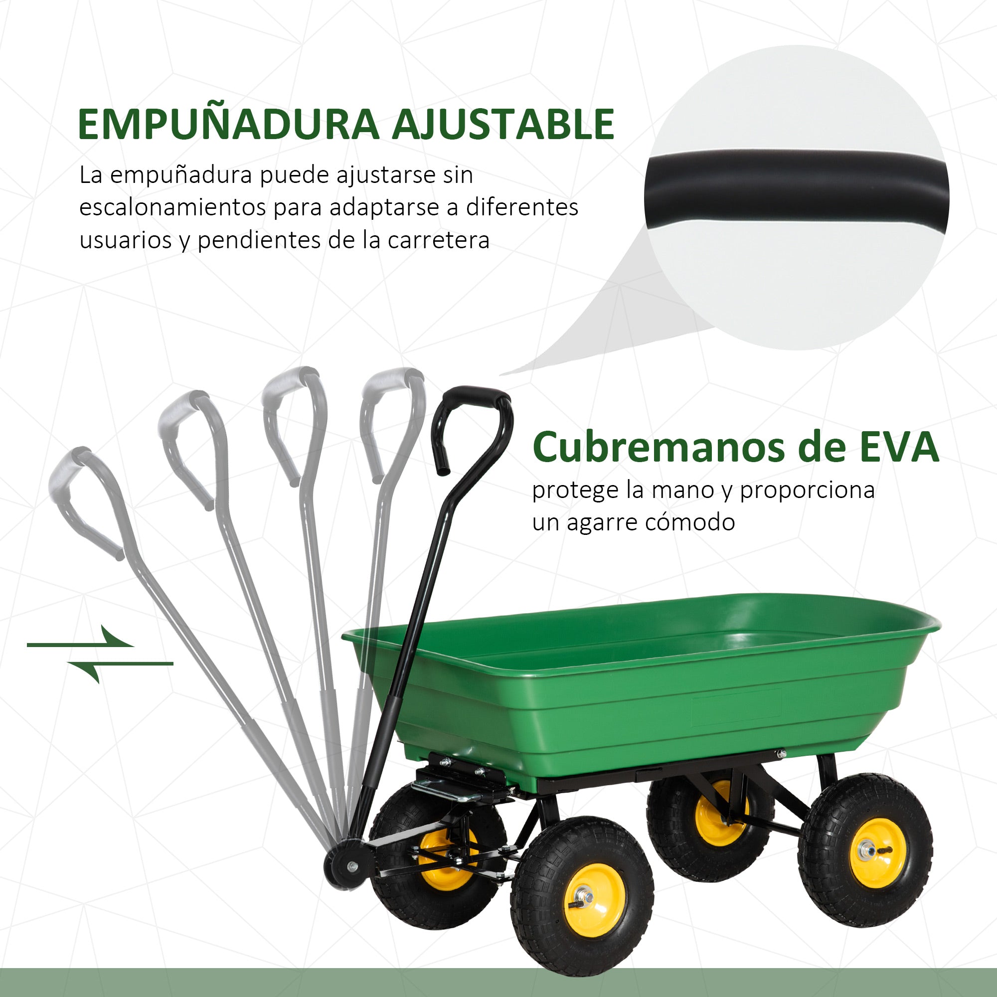 Garden Dump Cart - 75 L Capacity 200 kg Load Transport Cart Beach Cart with Steel Frame and 4 Air-Filled Wheels Green