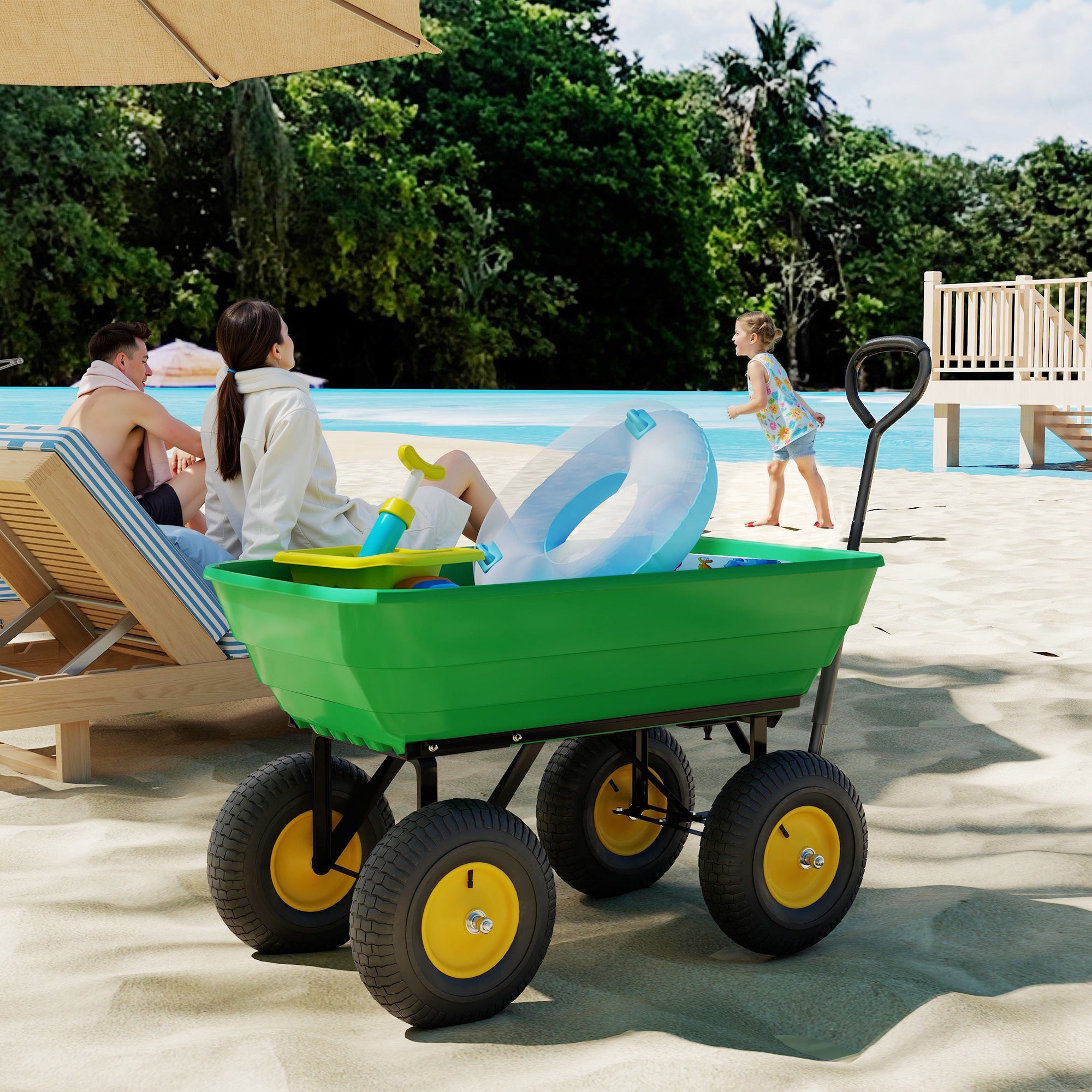 Garden Dump Cart - 75 L Capacity 200 kg Load Transport Cart Beach Cart with Steel Frame and 4 Air-Filled Wheels Green