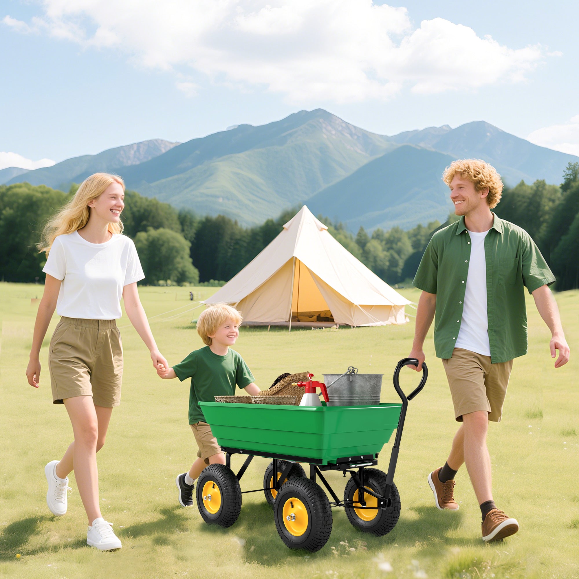 Garden Dump Cart - 75 L Capacity 200 kg Load Transport Cart Beach Cart with Steel Frame and 4 Air-Filled Wheels Green