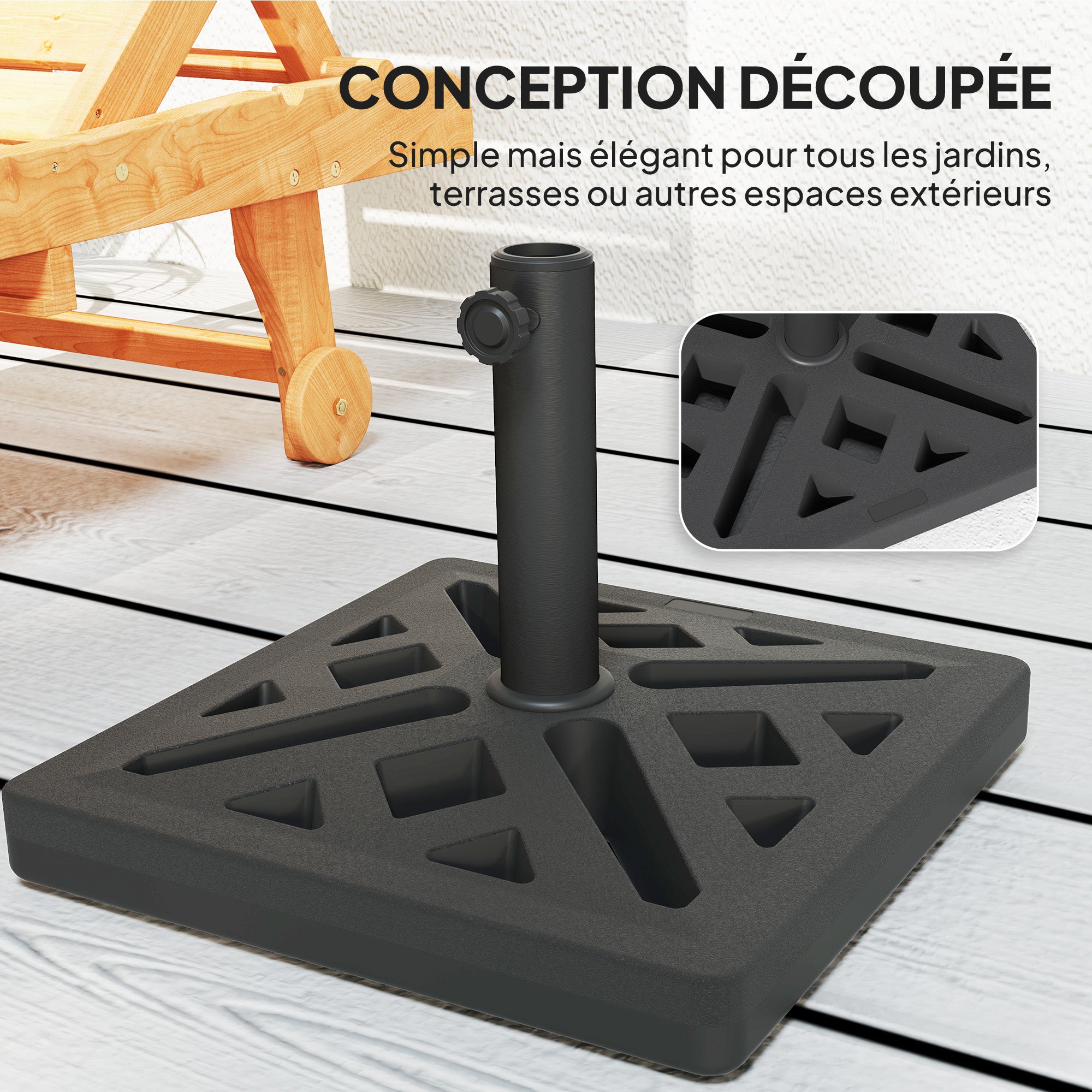 Square Parasol Base 15 kg, Concrete Umbrella Stand, Umbrella Base for Ø 32, 38, 48 mm Pole, Perforated Design, Patio Umbrella Stand for Garden Patio Terrace, 45 x 45 x 33.5 cm, Black