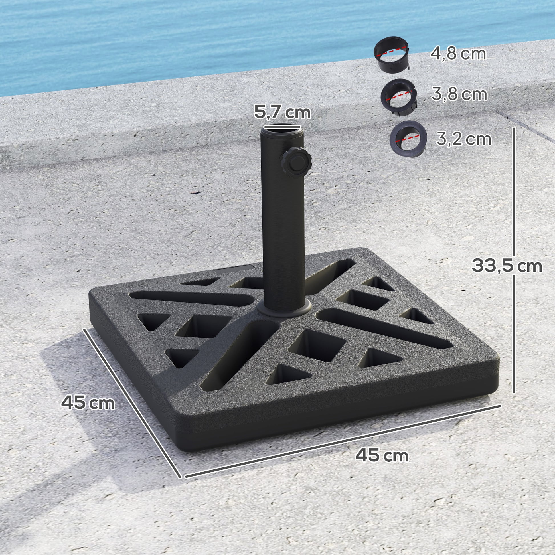 Square Parasol Base 15 kg, Concrete Umbrella Stand, Umbrella Base for Ø 32, 38, 48 mm Pole, Perforated Design, Patio Umbrella Stand for Garden Patio Terrace, 45 x 45 x 33.5 cm, Black