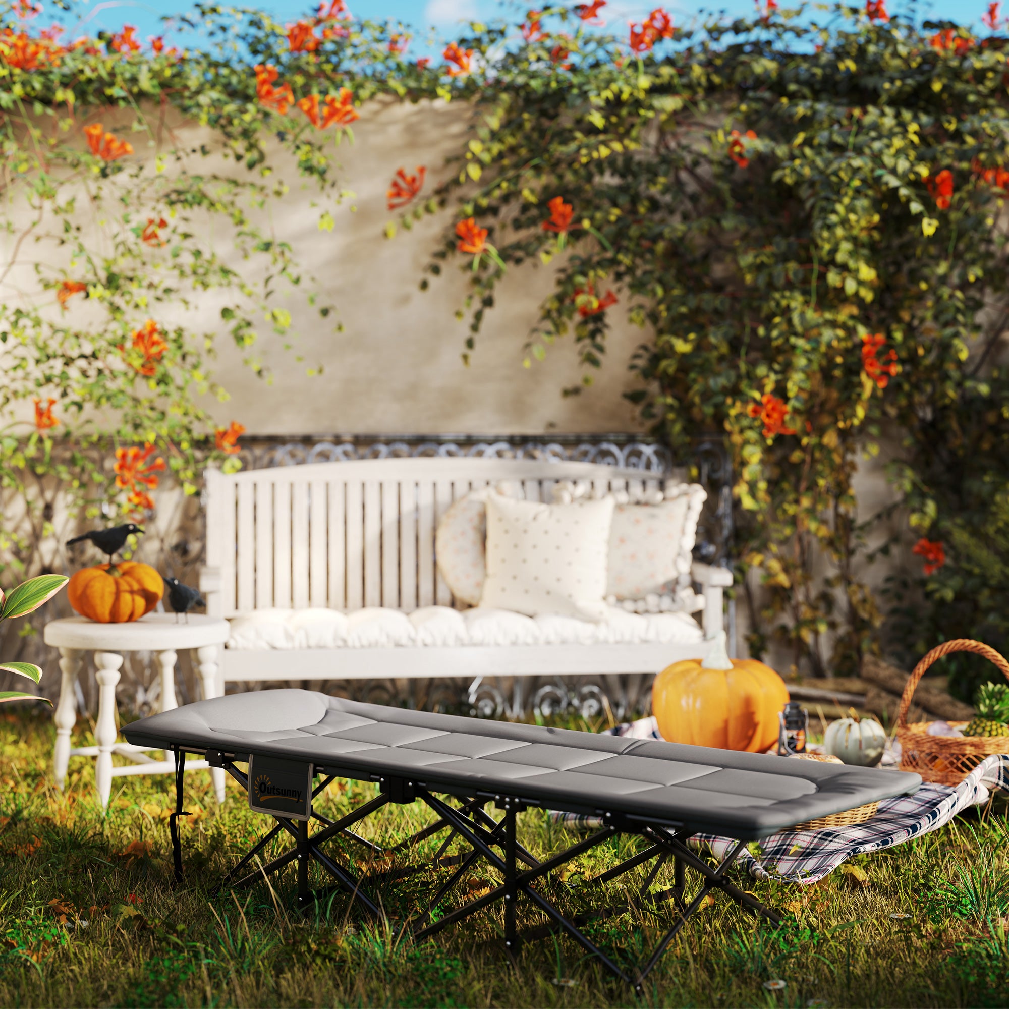 Foldable Camping Cot with Mattress Pillow Side Pocket 187 x 67 x 37 cm Guest Bed up to 150 kg Camping Cot for Adults Folding Bed for Outdoor, Garden Camping Travel Gray