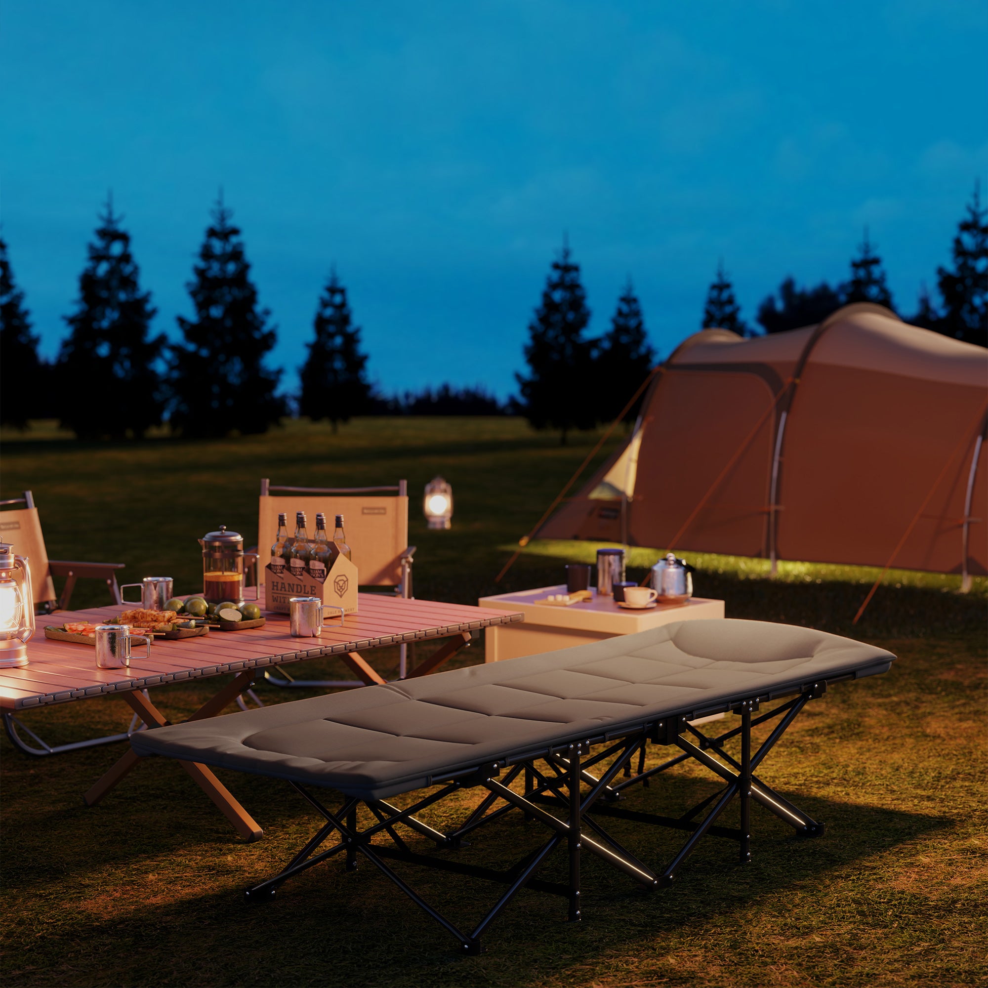 Foldable Camping Cot with Mattress Pillow Side Pocket 187 x 67 x 37 cm Guest Bed up to 150 kg Camping Cot for Adults Folding Bed for Outdoor, Garden Camping Travel Gray