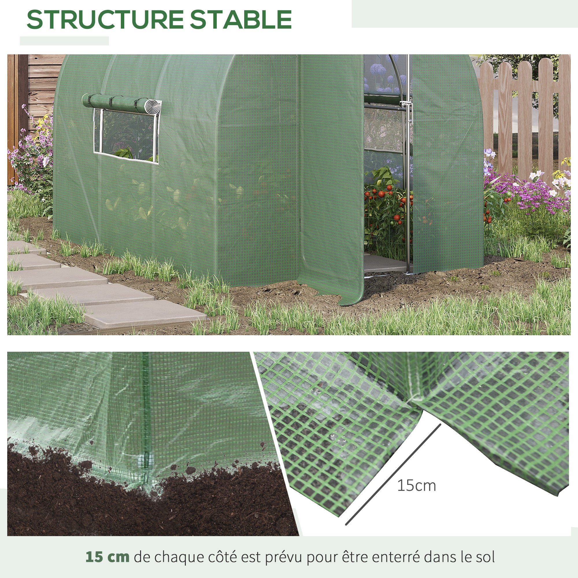 Garden Tunnel Greenhouse 6m² Reinforced Galvanized Steel 2.5cm Diameter + High Density PE Windows Door Green