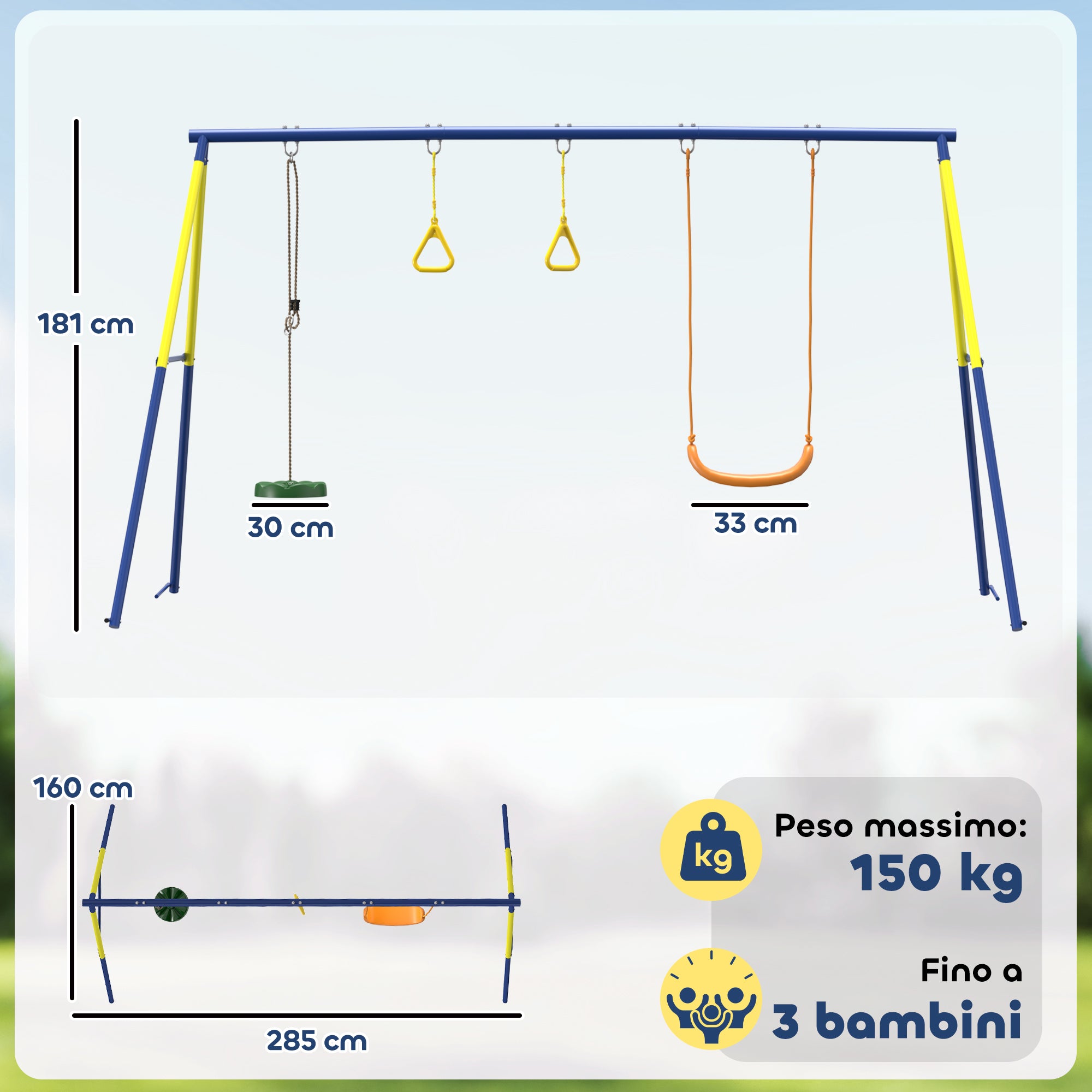 3-in-1 Kids Garden Swing Set with Standing Swing & Gym Rings, A-Frame Steel, Double Swings, 331 lb Capacity, Outdoor, Ages 3-8, 112.2 x 63 x 71.3 in