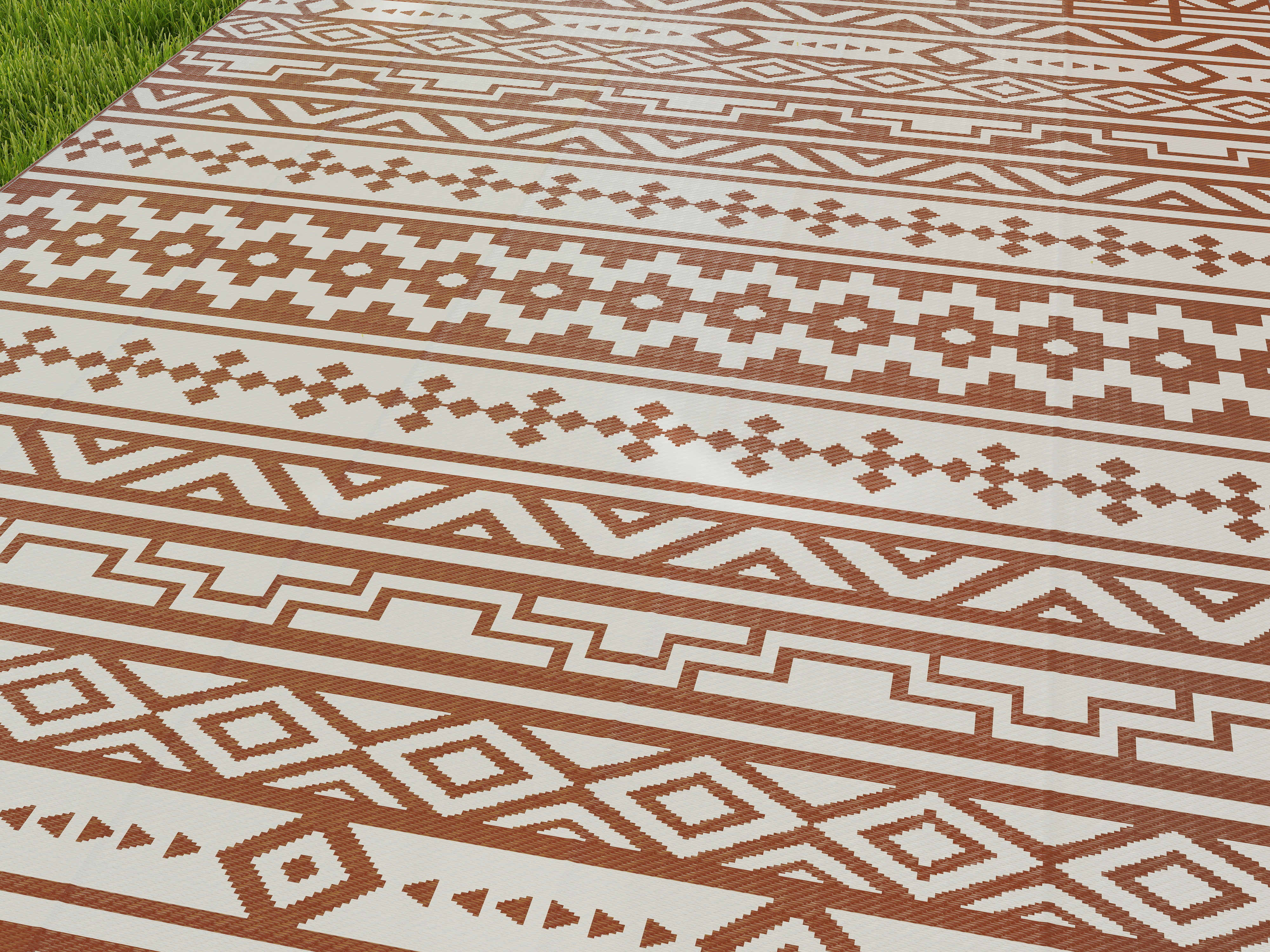 Reversible Outdoor Rug 1.8 x 2.7 m, weather-resistant PP geometric wall pattern floor mat, includes carry bag, outdoor terrace rug, red and white