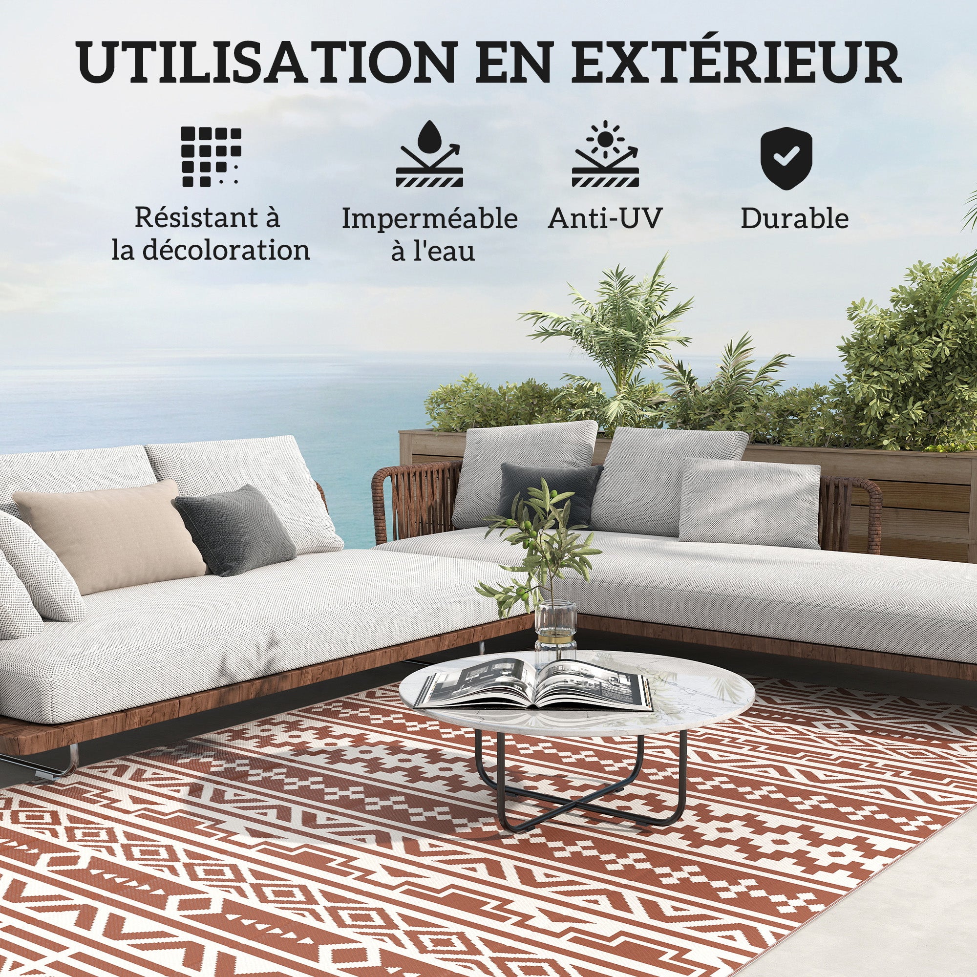 Reversible Outdoor Rug 1.8 x 2.7 m, weather-resistant PP geometric wall pattern floor mat, includes carry bag, outdoor terrace rug, red and white