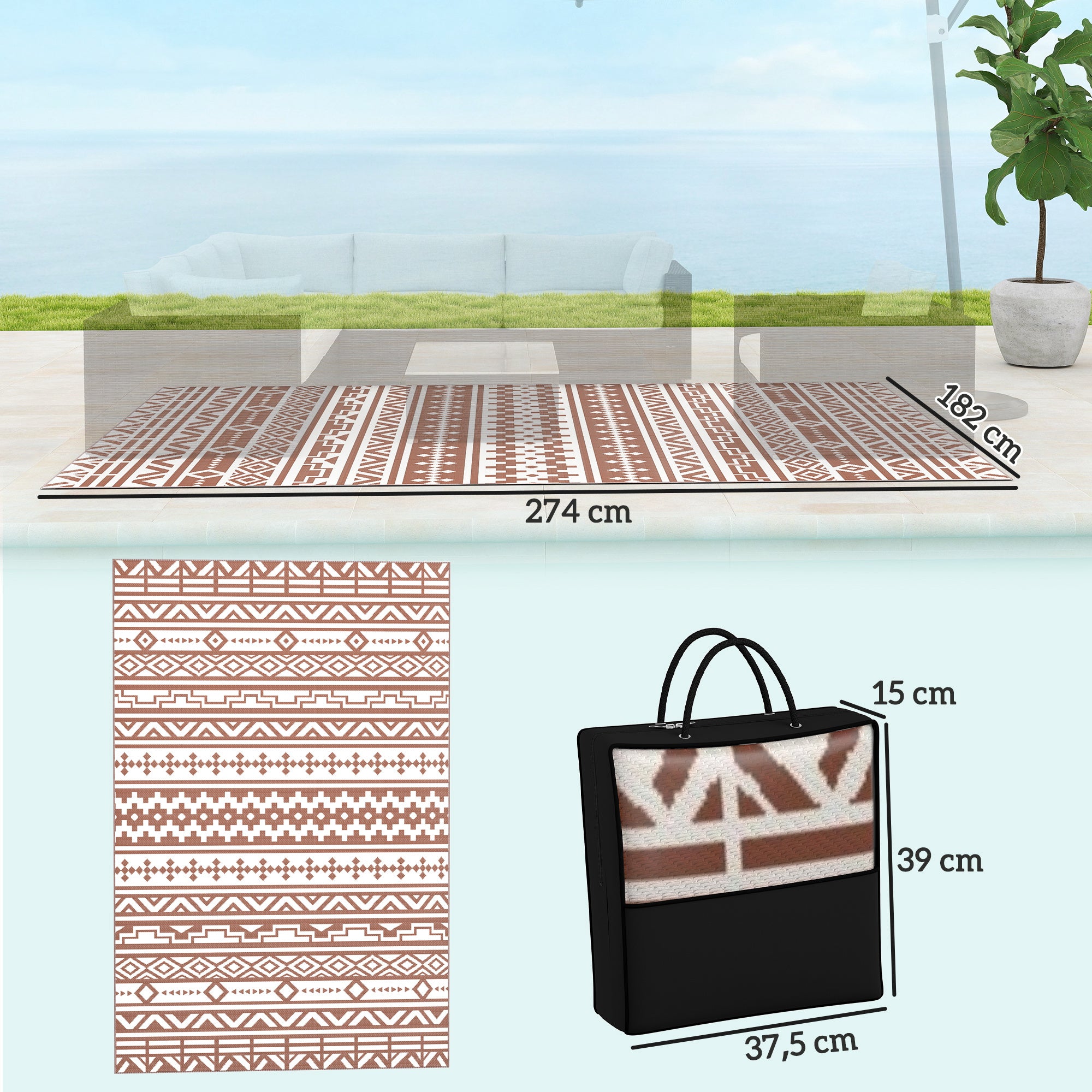 Reversible Outdoor Rug 1.8 x 2.7 m, weather-resistant PP geometric wall pattern floor mat, includes carry bag, outdoor terrace rug, red and white