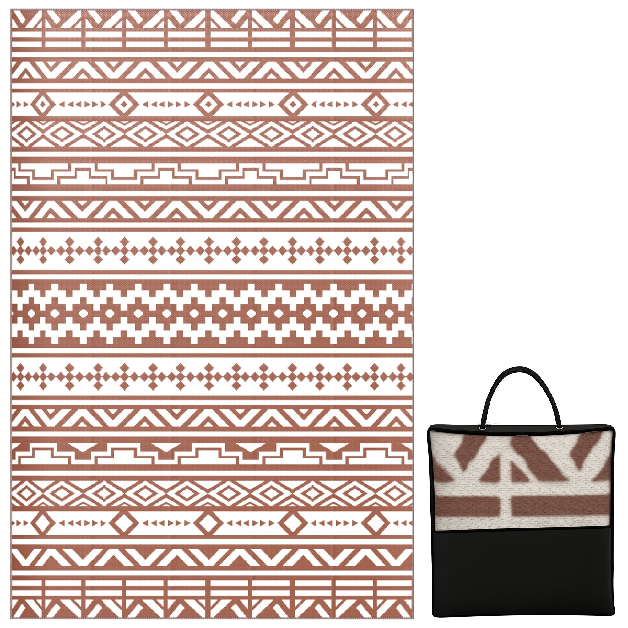 Reversible Outdoor Rug 1.8 x 2.7 m, weather-resistant PP geometric wall pattern floor mat, includes carry bag, outdoor terrace rug, red and white