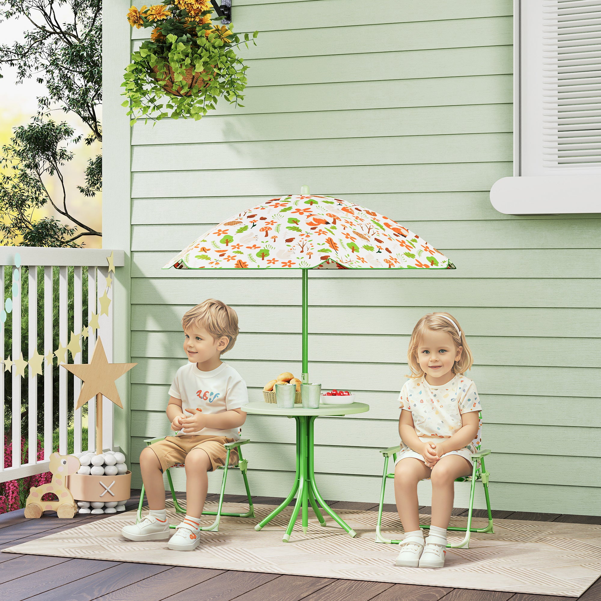 Children's Garden Table and Chairs Set 4-Piece Kids Table with Folding Chairs Adjustable Umbrella Fox Design for Patio Picnic Green
