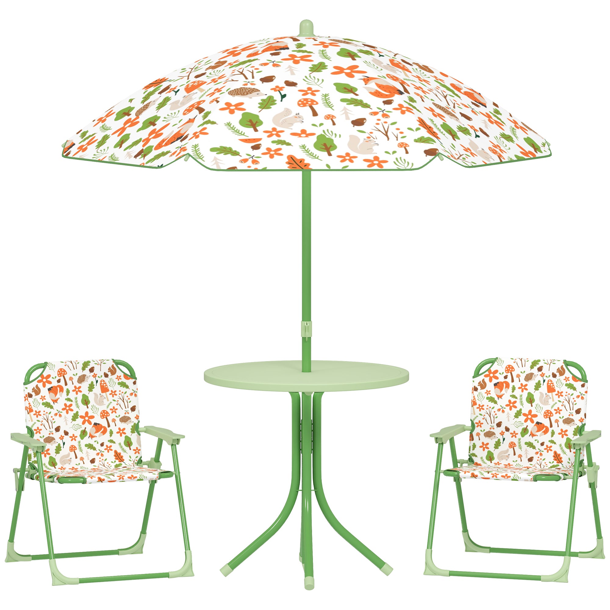 Children's Garden Table and Chairs Set 4-Piece Kids Table with Folding Chairs Adjustable Umbrella Fox Design for Patio Picnic Green