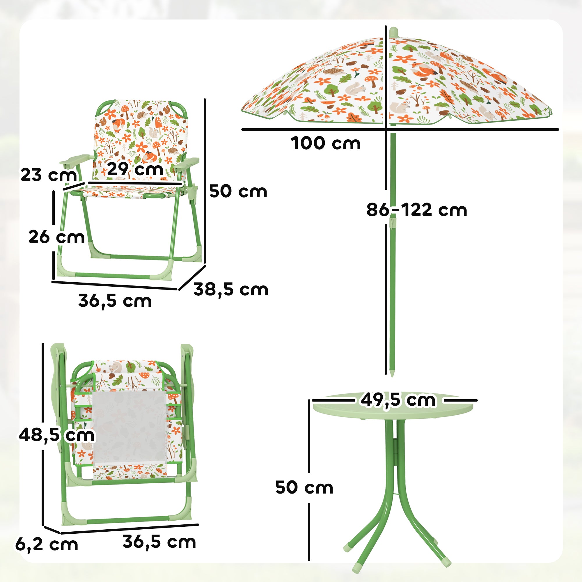 Children's Garden Table and Chairs Set 4-Piece Kids Table with Folding Chairs Adjustable Umbrella Fox Design for Patio Picnic Green