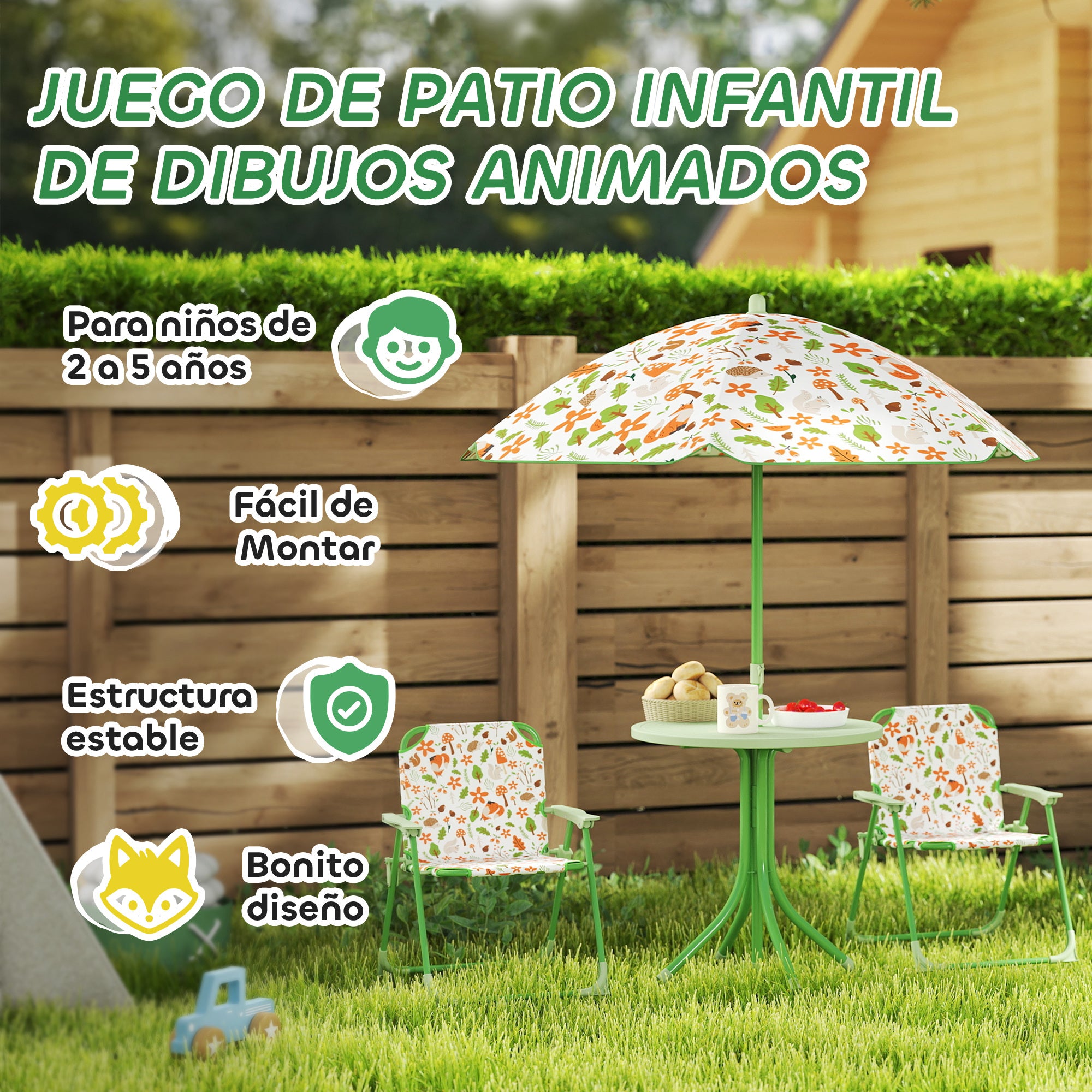 Children's Garden Table and Chairs Set 4-Piece Kids Table with Folding Chairs Adjustable Umbrella Fox Design for Patio Picnic Green