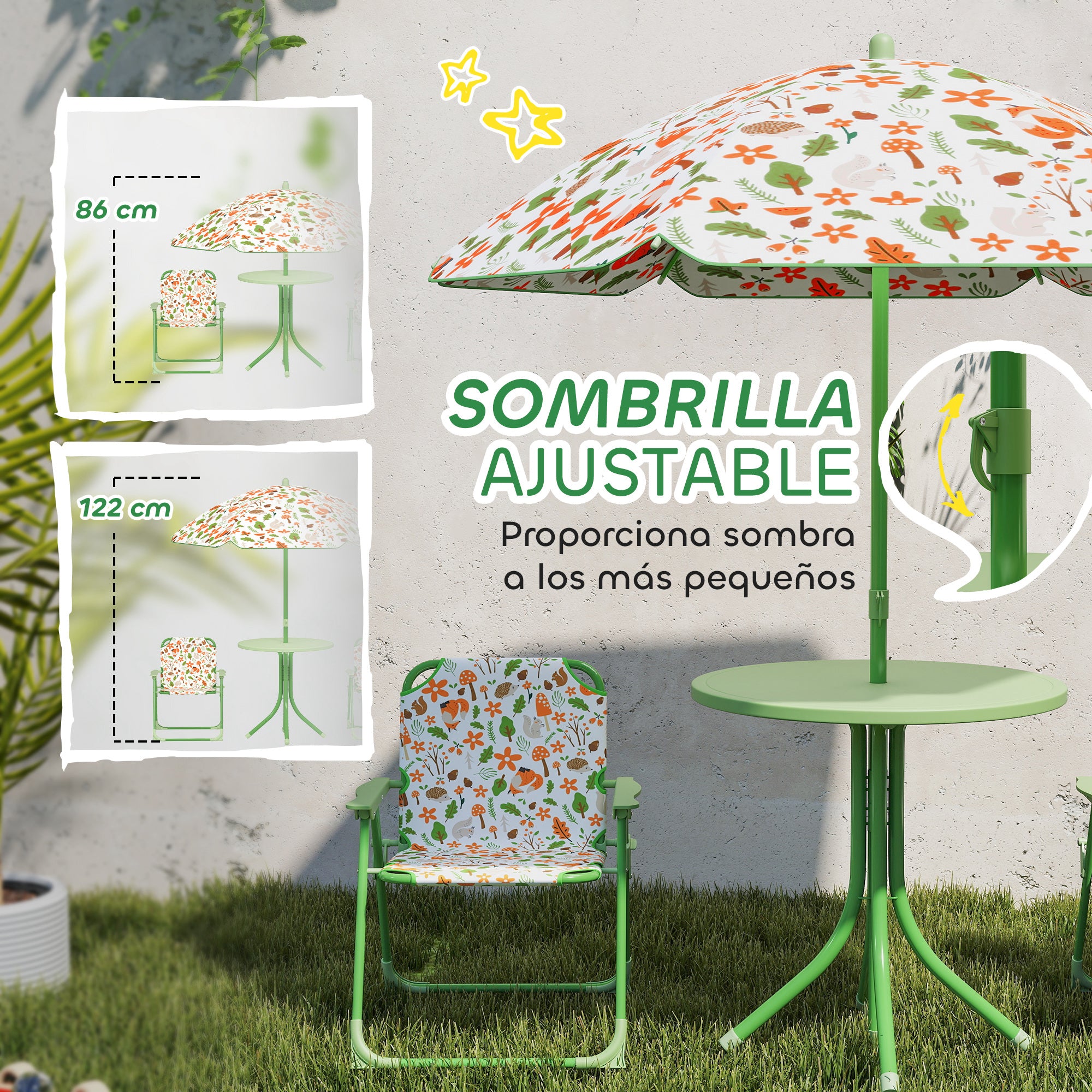 Children's Garden Table and Chairs Set 4-Piece Kids Table with Folding Chairs Adjustable Umbrella Fox Design for Patio Picnic Green