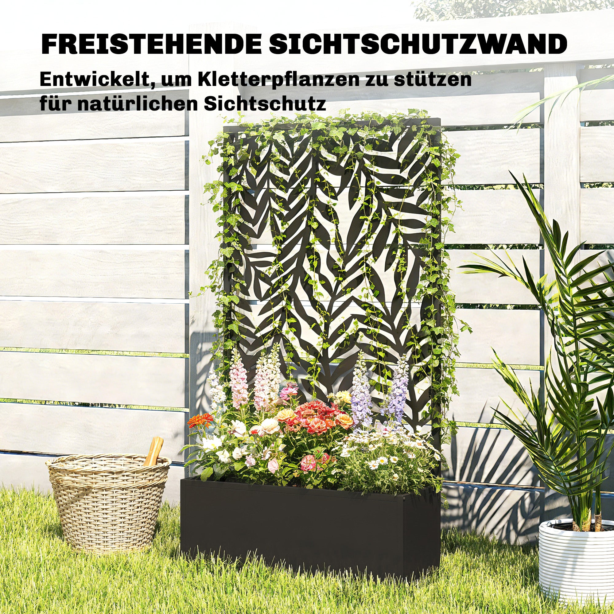 Metal Planter with Trellis and Tropical Leaf Privacy Panel, 61 x 23 x 113 cm (24 x 9.1 x 44.5 in), Black