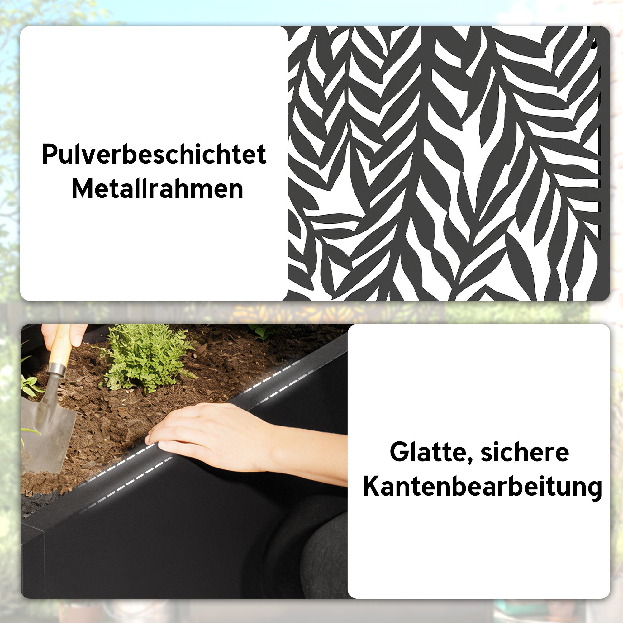Metal Planter with Trellis and Tropical Leaf Privacy Panel, 61 x 23 x 113 cm (24 x 9.1 x 44.5 in), Black