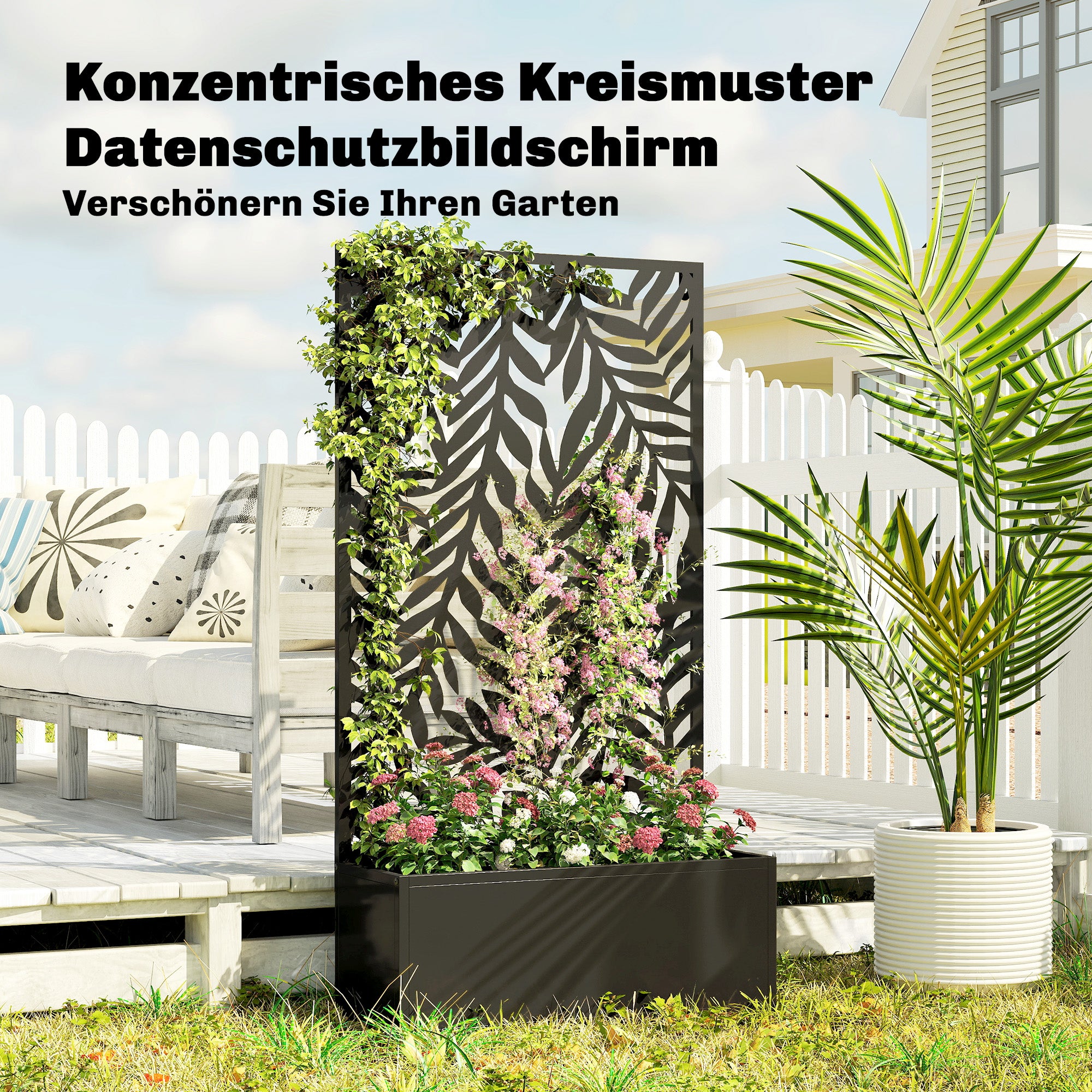 Metal Planter with Trellis and Tropical Leaf Privacy Panel, 61 x 23 x 113 cm (24 x 9.1 x 44.5 in), Black