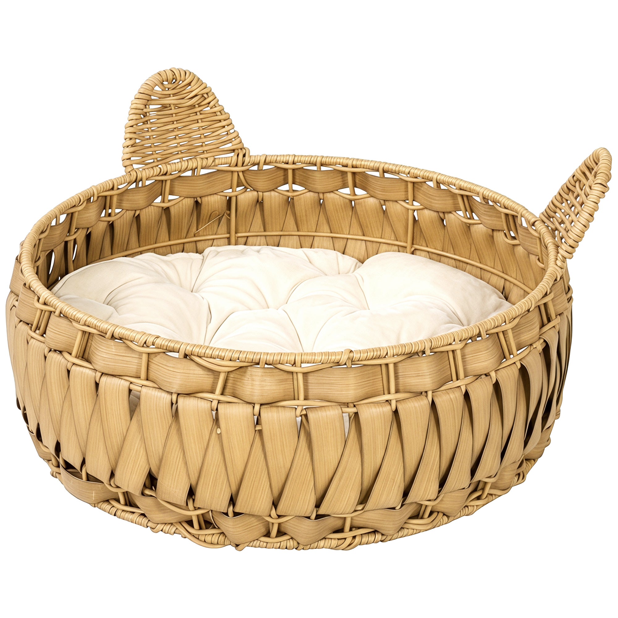 Rattan Cat Bed with Removable Cushion — Cat Cave for Cats up to 22 lb, 19.7" x 19.7" x 9.8", Light Brown