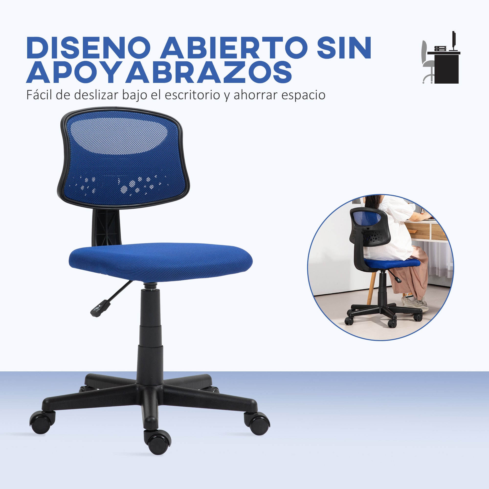 Armless Ergonomic Office Chair Swivel Desk Chair with Breathable Mesh Backrest Adjustable Height Office Chair 120 kg Capacity Blue