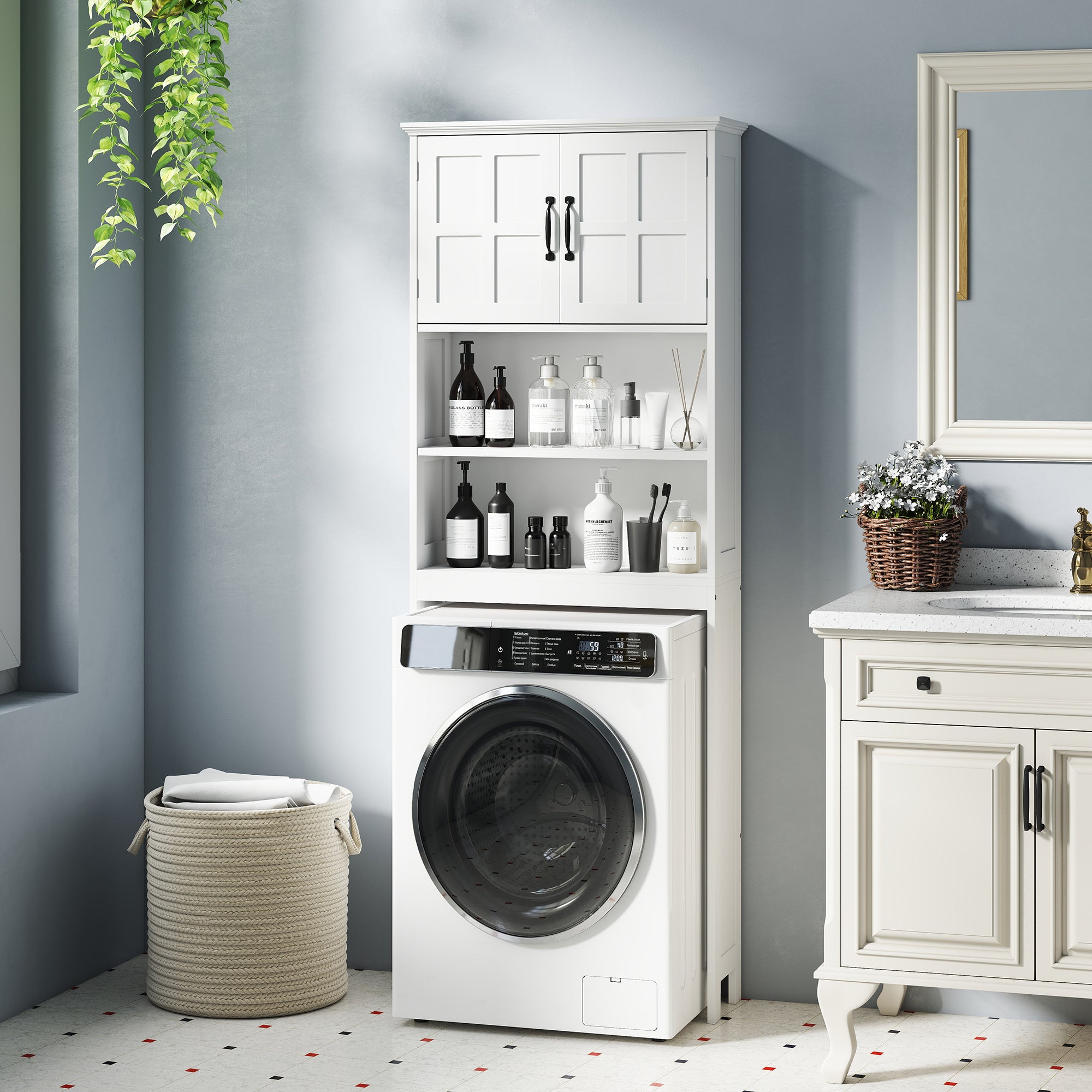 Over-the-Toilet Cabinet for Washer with 2 Doors Open Shelves and Adjustable Shelf Bathroom Cabinet 66x23x178 cm White