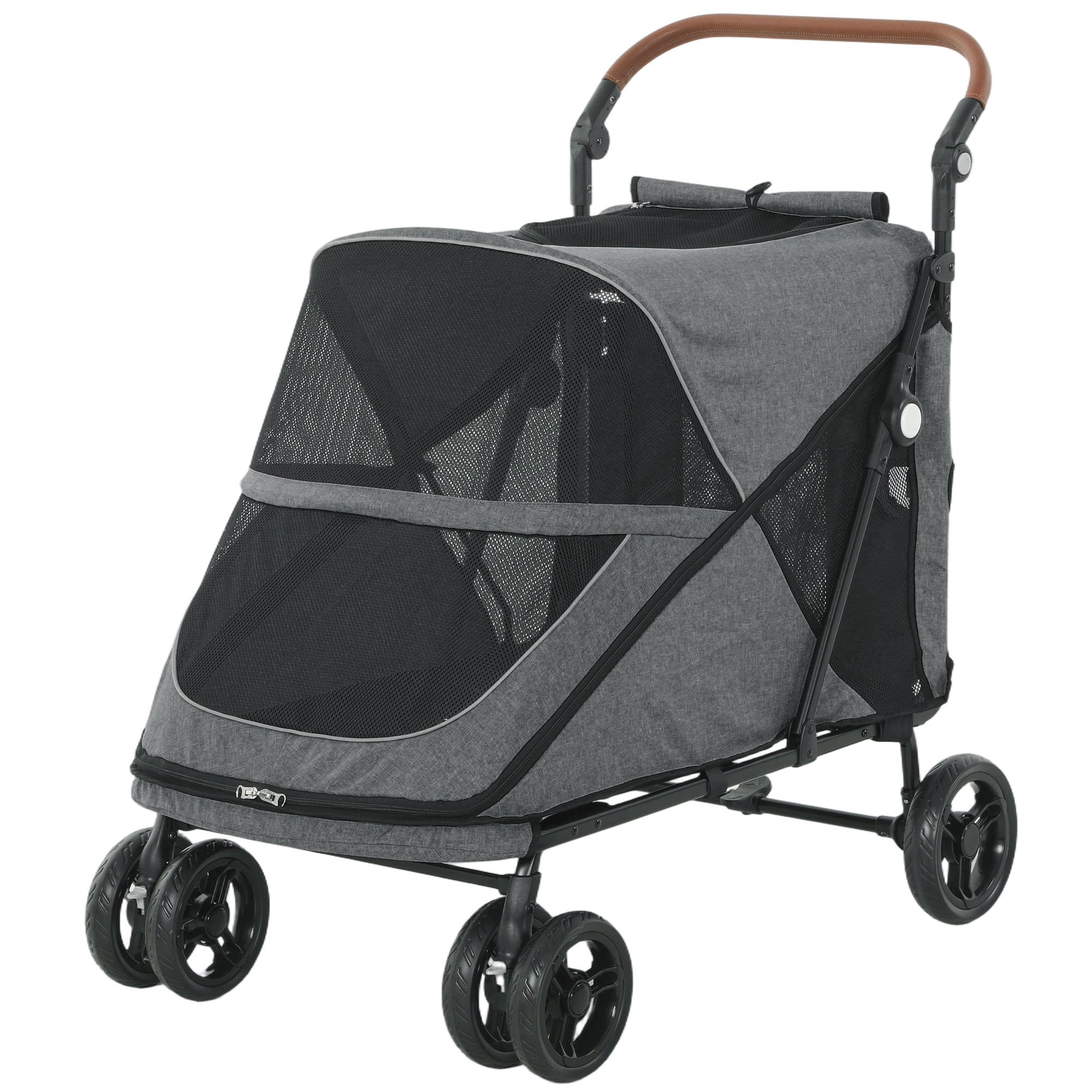 Foldable Dog Stroller – Up to 88 lb, 4-Wheel Suspension, 360° Swivel Front Wheels, Washable Cushion, Adjustable Handle, Gray