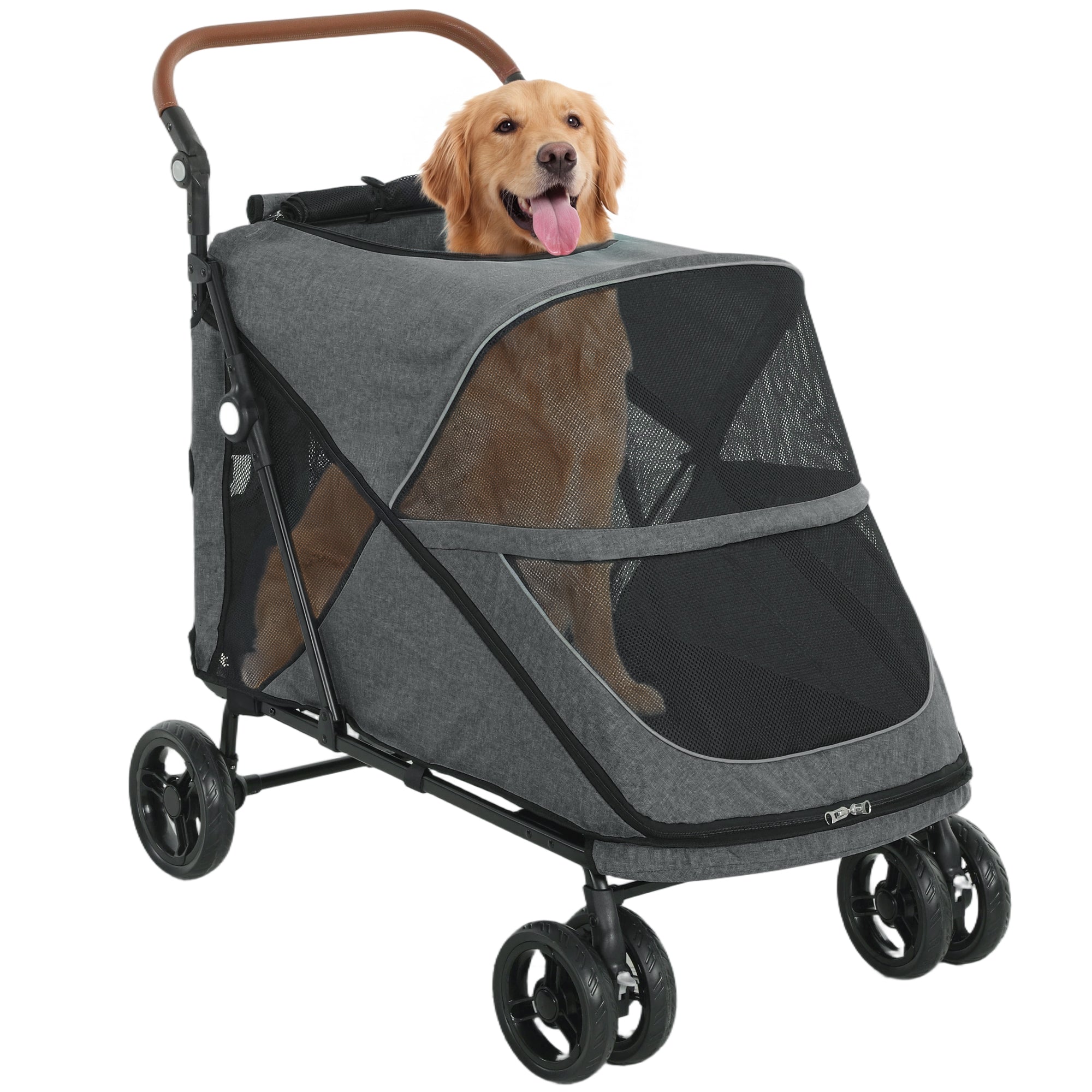 Foldable Dog Stroller – Up to 88 lb, 4-Wheel Suspension, 360° Swivel Front Wheels, Washable Cushion, Adjustable Handle, Gray