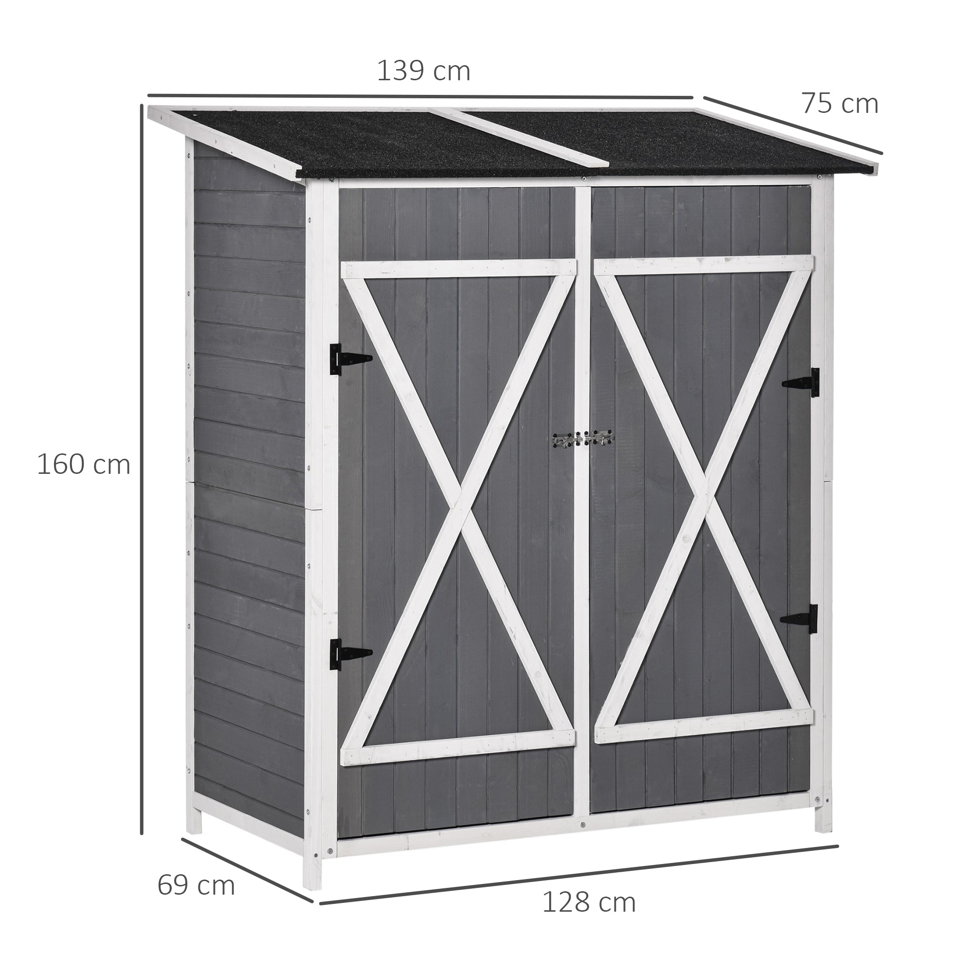 Garden Cabinet Tool Shed with 2 Doors Tool Cabinet with Asphalt Roof Garden Storage Cabinet Anti-dumping Design with Ground Nails Fir Wood Gray+White 139 x 75 x 160 cm