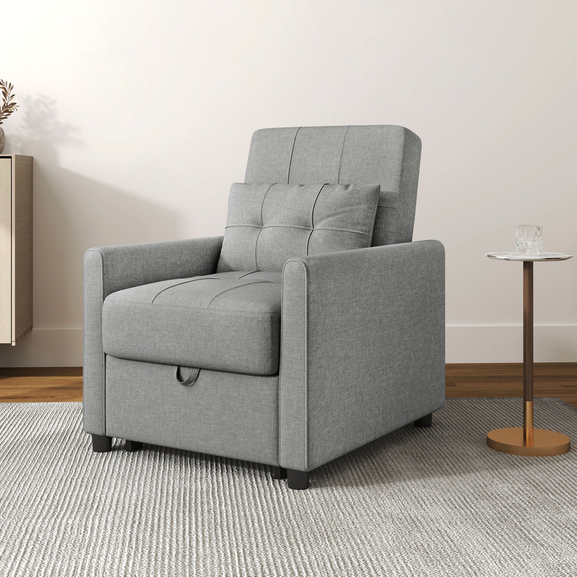 Single Armchair Bed with 3-Level Reclining Backrest, 2 Wheels and Cushion, Folding Single Sofa Bed for Living Room in Linen Effect Fabric and Wood, 69x82x85cm, Light Gray
