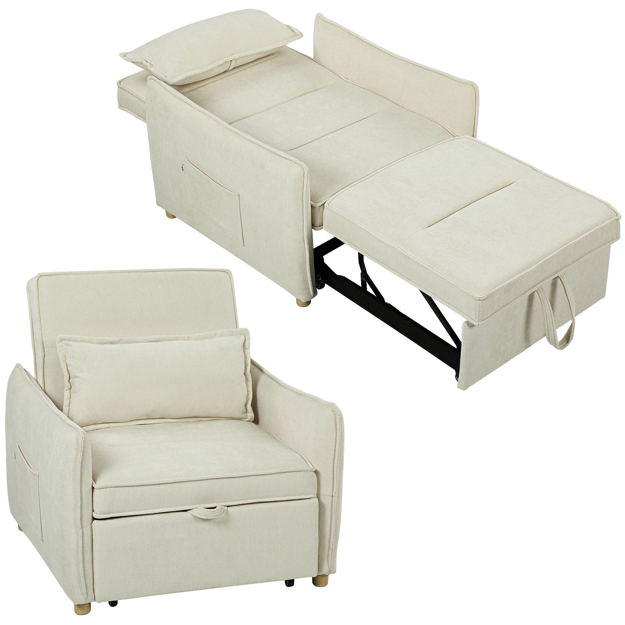 3-in-1 Convertible Sleeper Chair — Reclines to 180°, Wide Seat, Chenille, Cream